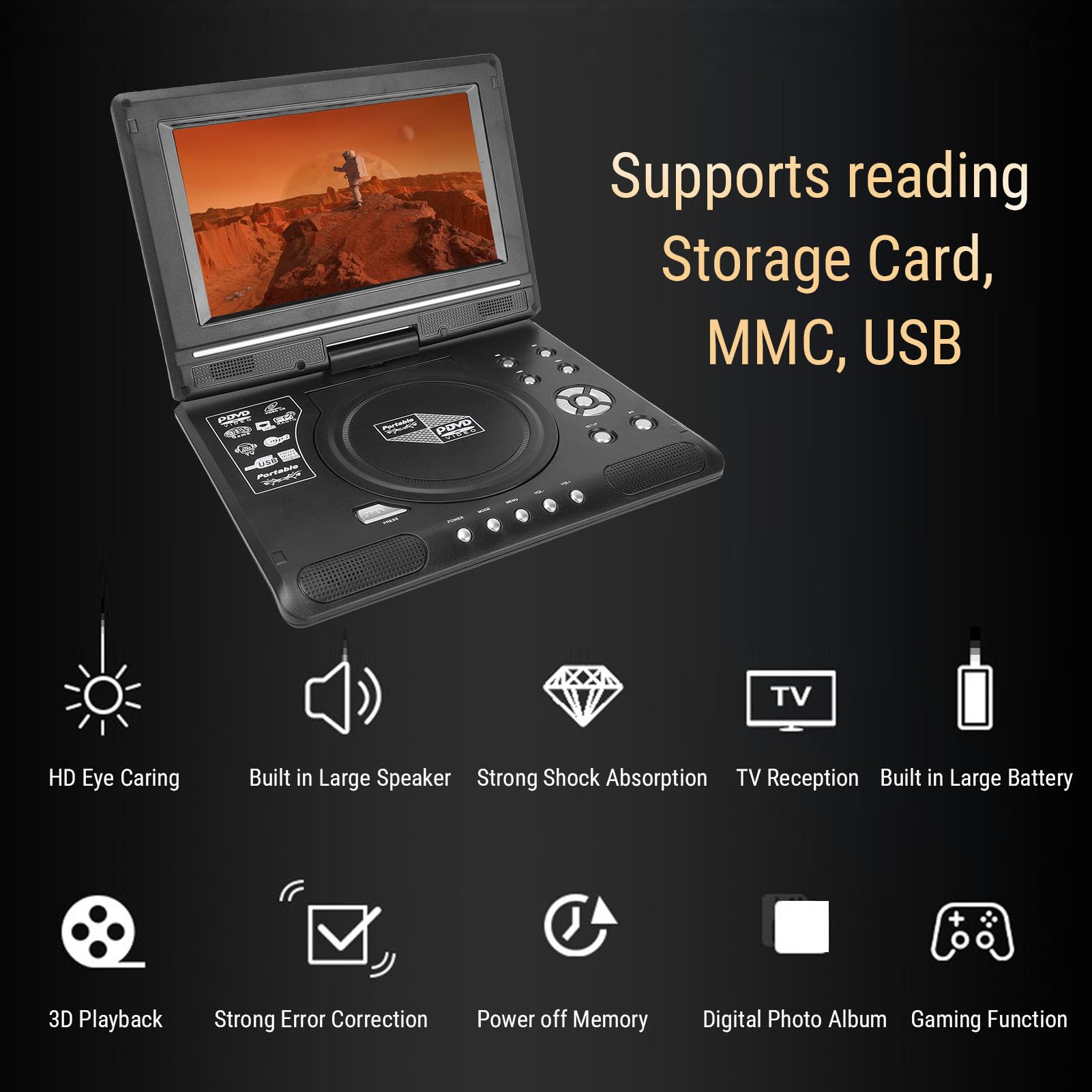 VBESTLIFE Lettore DVD Portatile con Schermo Girevole da 9,8 Pollici, Rotazione di 270° e Inclinazione di 180°, Doppi Altoparlanti Integrati, Supporta USB, Riproduzione CD DVD, Telecomando (EU)