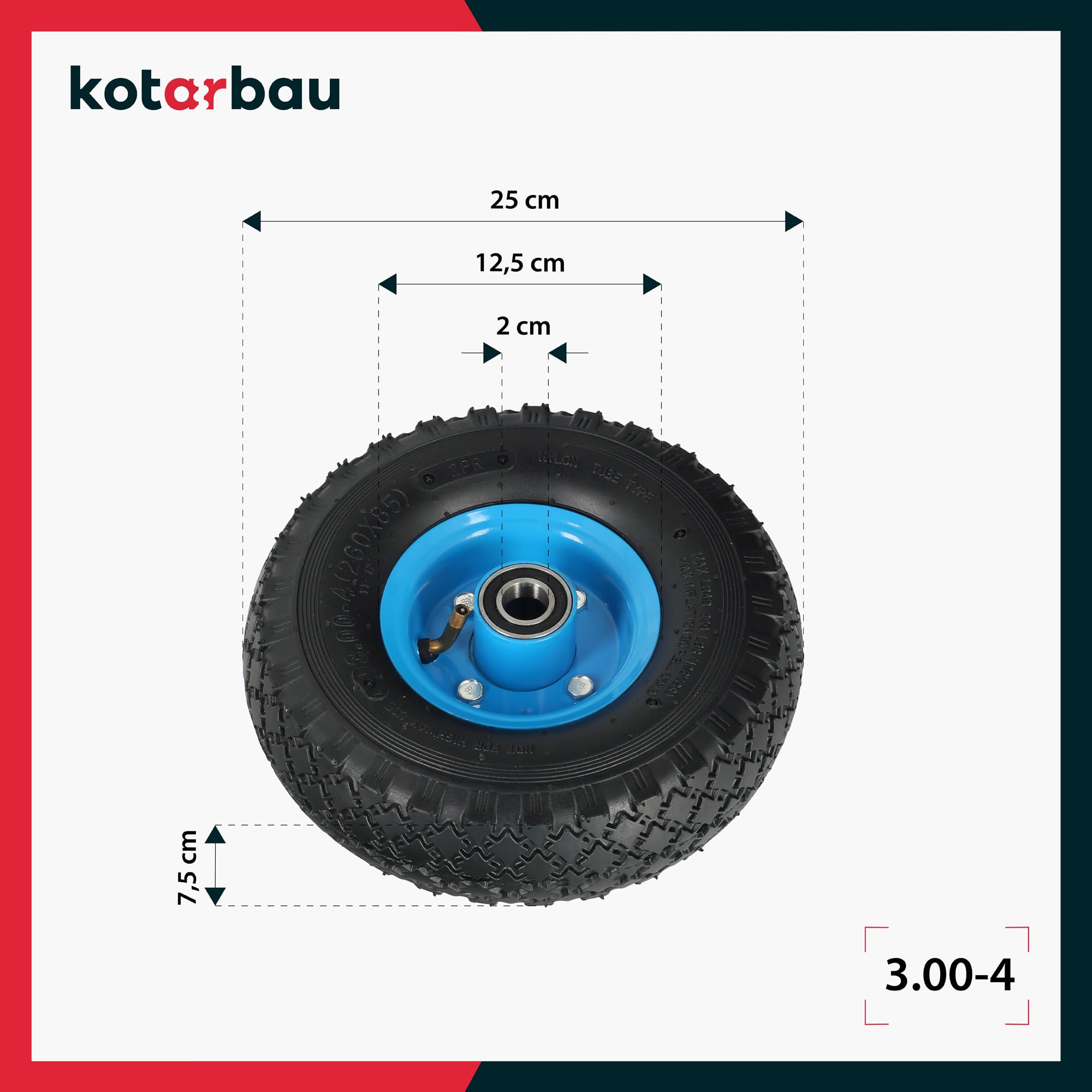 KOTARBAU® Set di 2 Ruote per Carriola in Gomma Piena 260 x 85 mm 3.00 – 4 Rinforzate 4PR Ruote Complete per Carrello Ruote di Ricambio