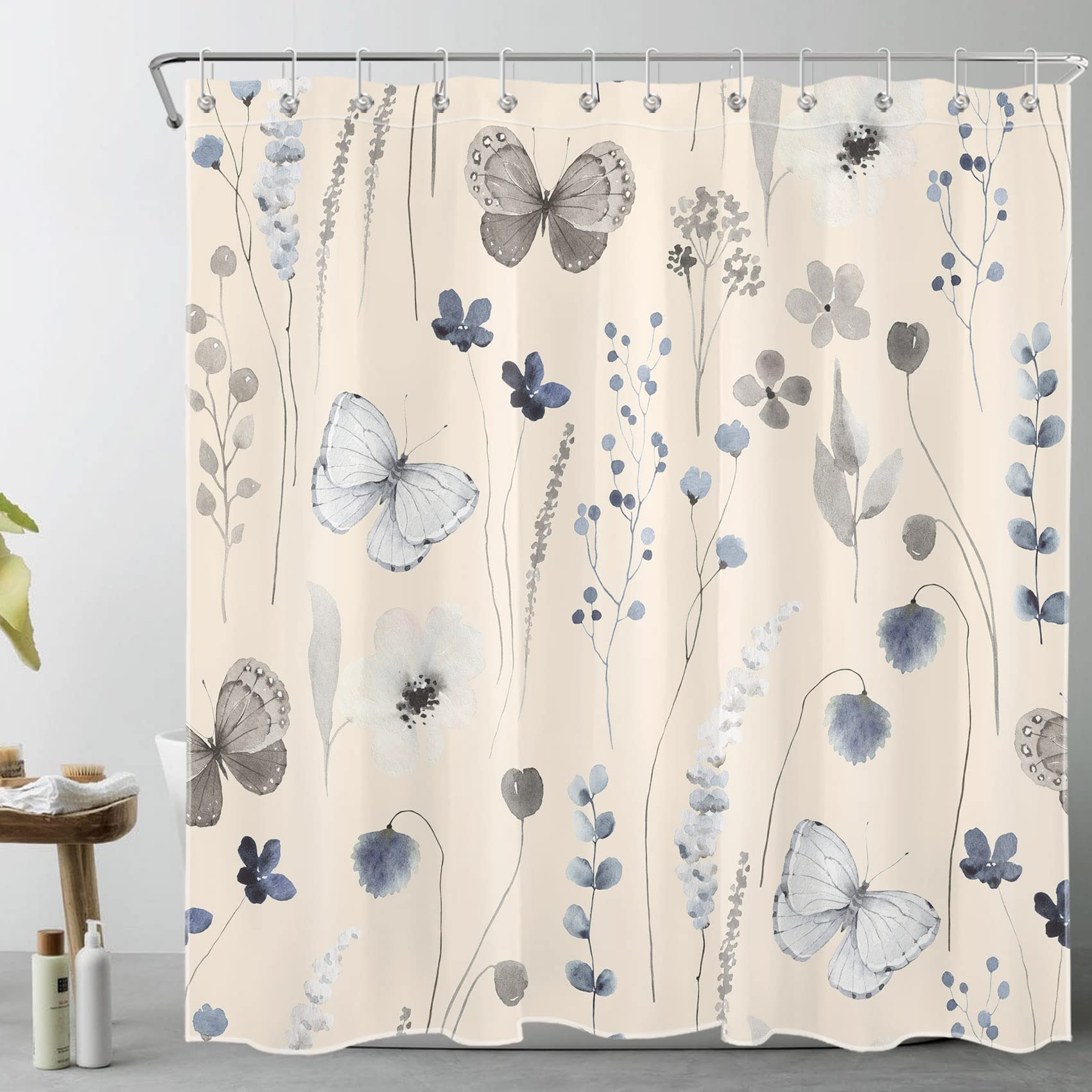 Rideau de douche beige floral LB 182x182 cm avec crochets pour salle de bain