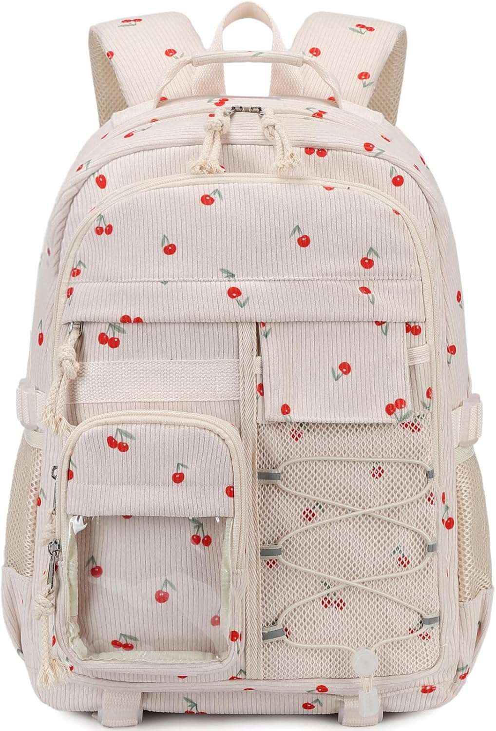 Octsky Cute Backpack for Teens Girls Women, Corduroy School Backpacks Kids Elementary Middle High Bookbag, Strawberry Beige