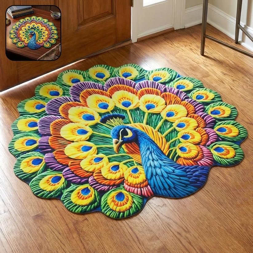 Image of Trendymart Blue Arctic Dream Decore Handmade Peacock Floral Rangoli Mat - Lightweight, Reusable Decorative Floor Mat with Wool Felt Backing (55x 55 cm).