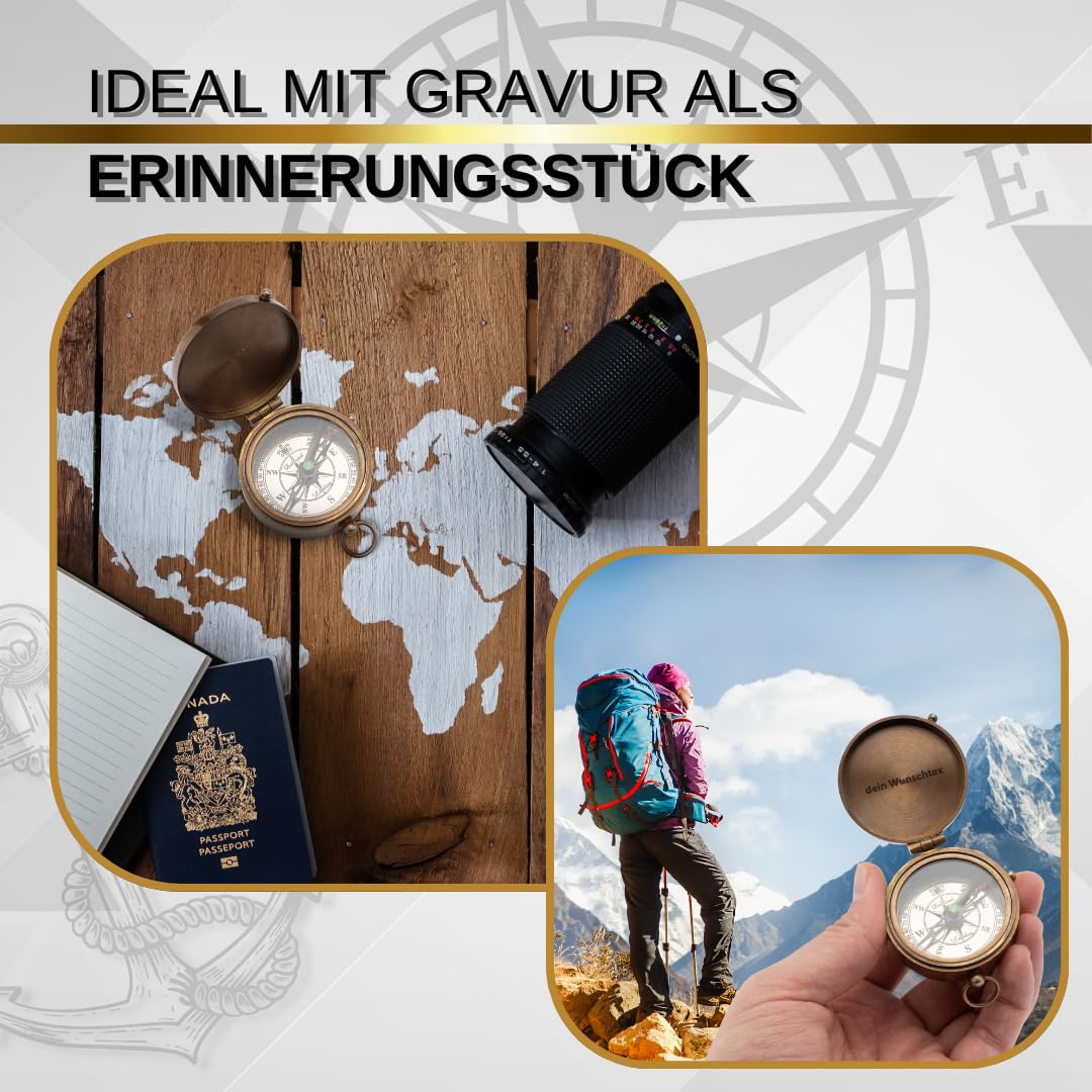 Premium Edel Kompass aus Messing Antik Taschenkompass mit Deckel inkl. Wunsch Text oder Foto Gravur in Einer Edlen Holzkiste