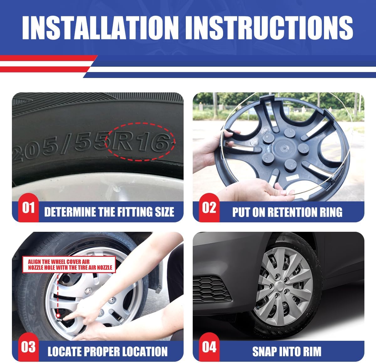 Winjet 16" Hubcaps for 2013-2019 Nissan Sentra & 2011-2017 Nissan Leaf Wheel Rim Covers, [Only Fit Iron Hub & Steel Wheel] Heavy Duty PP Material Snap On Installation (16 Inch Set of 4, Lacquer)