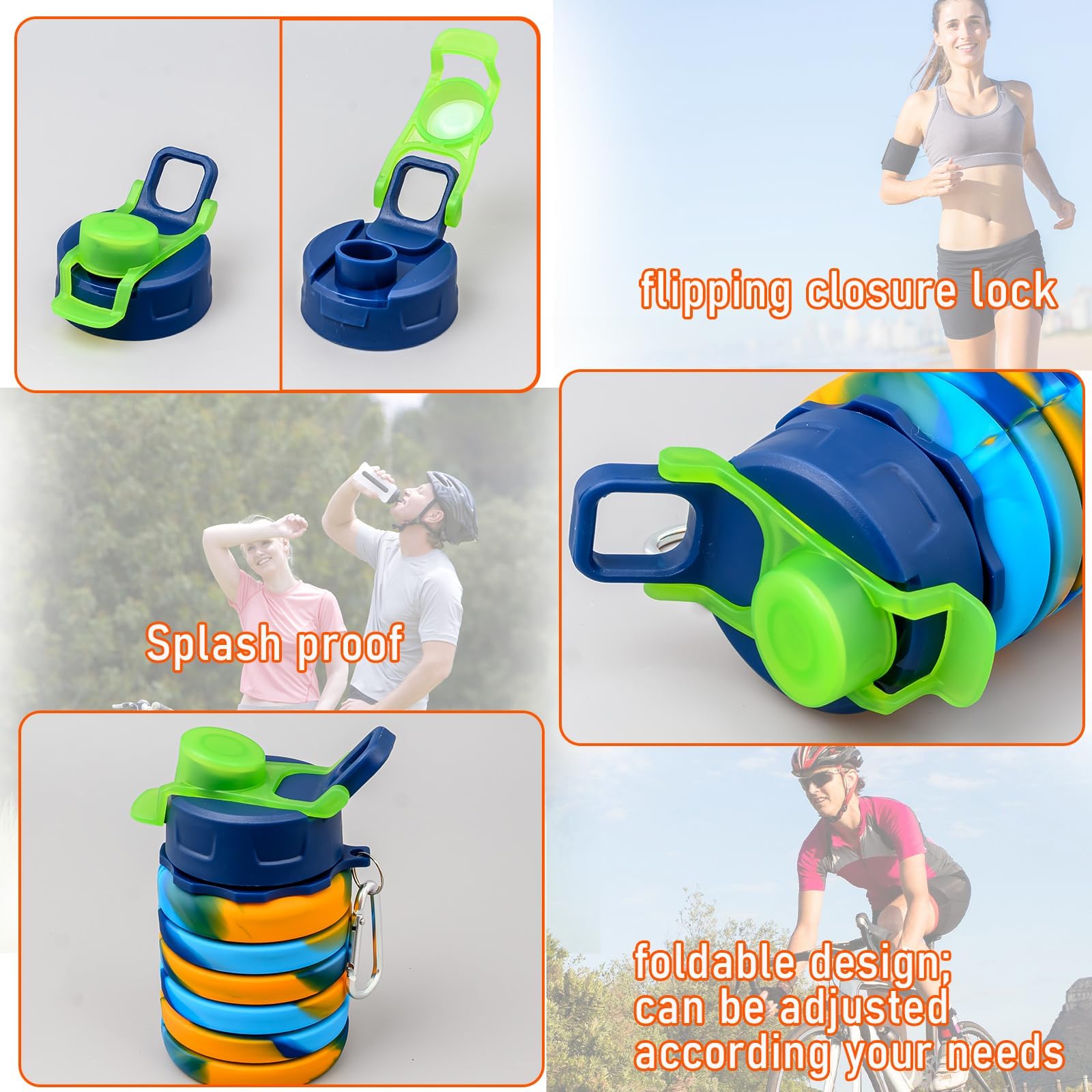 Faltbare Wasserflaschen, Silikon, faltbar, mit Karabiner, tragbar, auslaufsicher, BPA-frei, zum Anklippen, wiederverwendbar, Reiseflasche für Camping, Wandern, Radfahren, Outdoor-Sport, 12 Stück