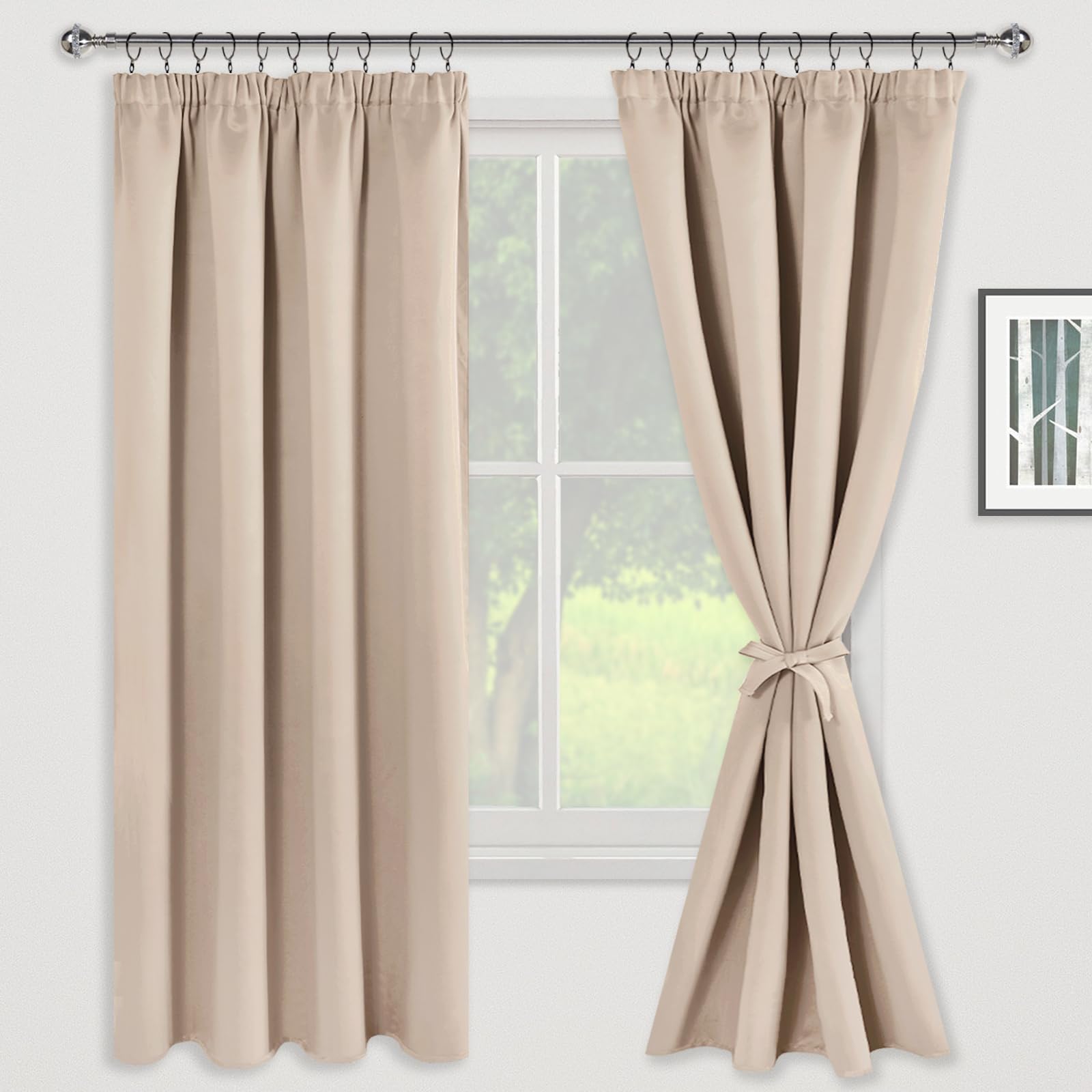 JIUZHEN Beige Ruffle Tape Curtains for Living Room Energy-Saving Window Curtain for Bedroom 140 x 160 cm, Set of 2 Panels - Image 2
