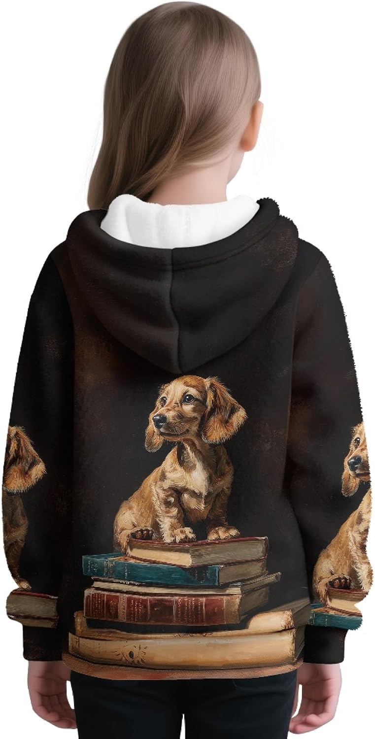 AmzPrint Teen Girls Quarter Zip Pullover Fleece Sweatshirt Long Sleeve Comfy Birthday Dachshund Books Print Brown Oversized Hoodies For Toddler Girls