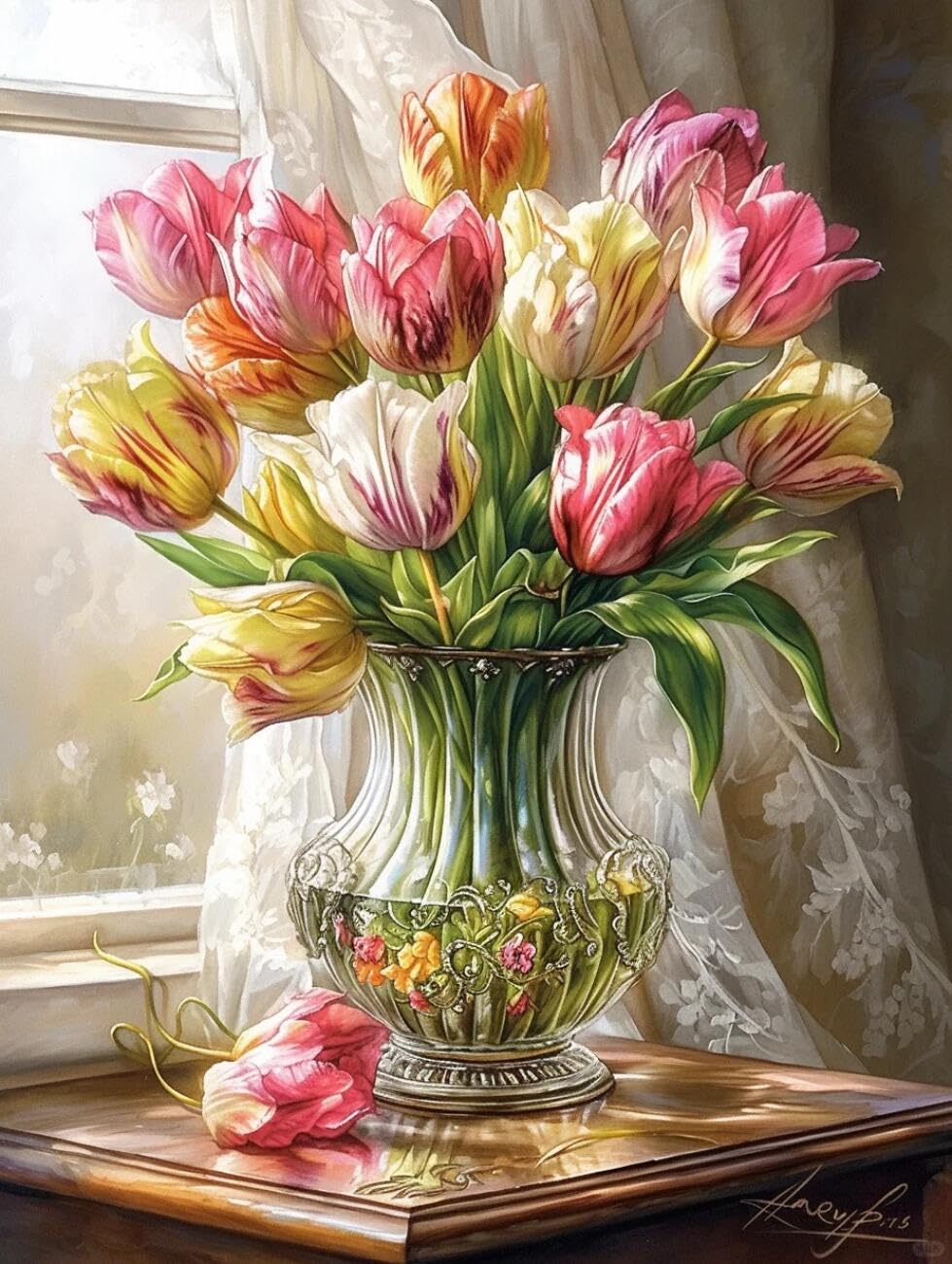 RKFLGEW Flowers 14CT Embroidery Kit Tulips By The Window Preprinted Fabric Cross Stitch DIY Art Needlecrafts Embroidery Kits for Adults Beginners 40x50cm