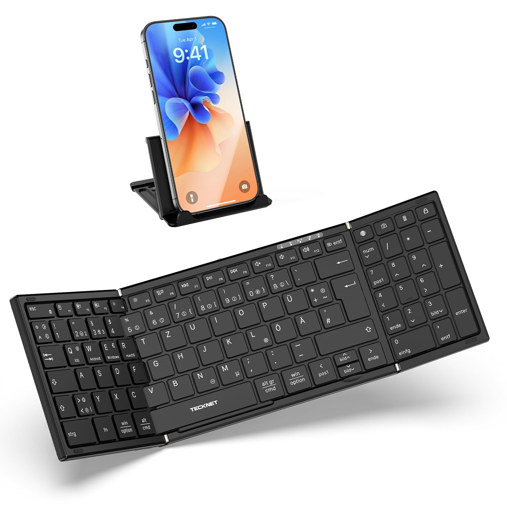 TECKNET Faltbare Bluetooth Tastatur mit Ziffernblock, QWERTZ Deutsches