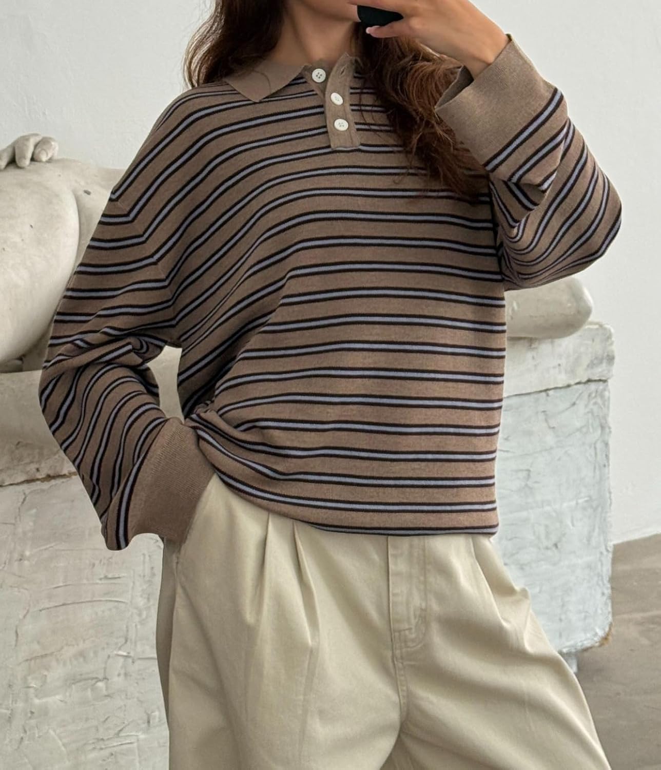 Womens Rugby Polo Shirt Striped Long Sleeve Oversized Collared Pullover Rugby Sweatshirt Y2k Preppy Streetwear - Image 2