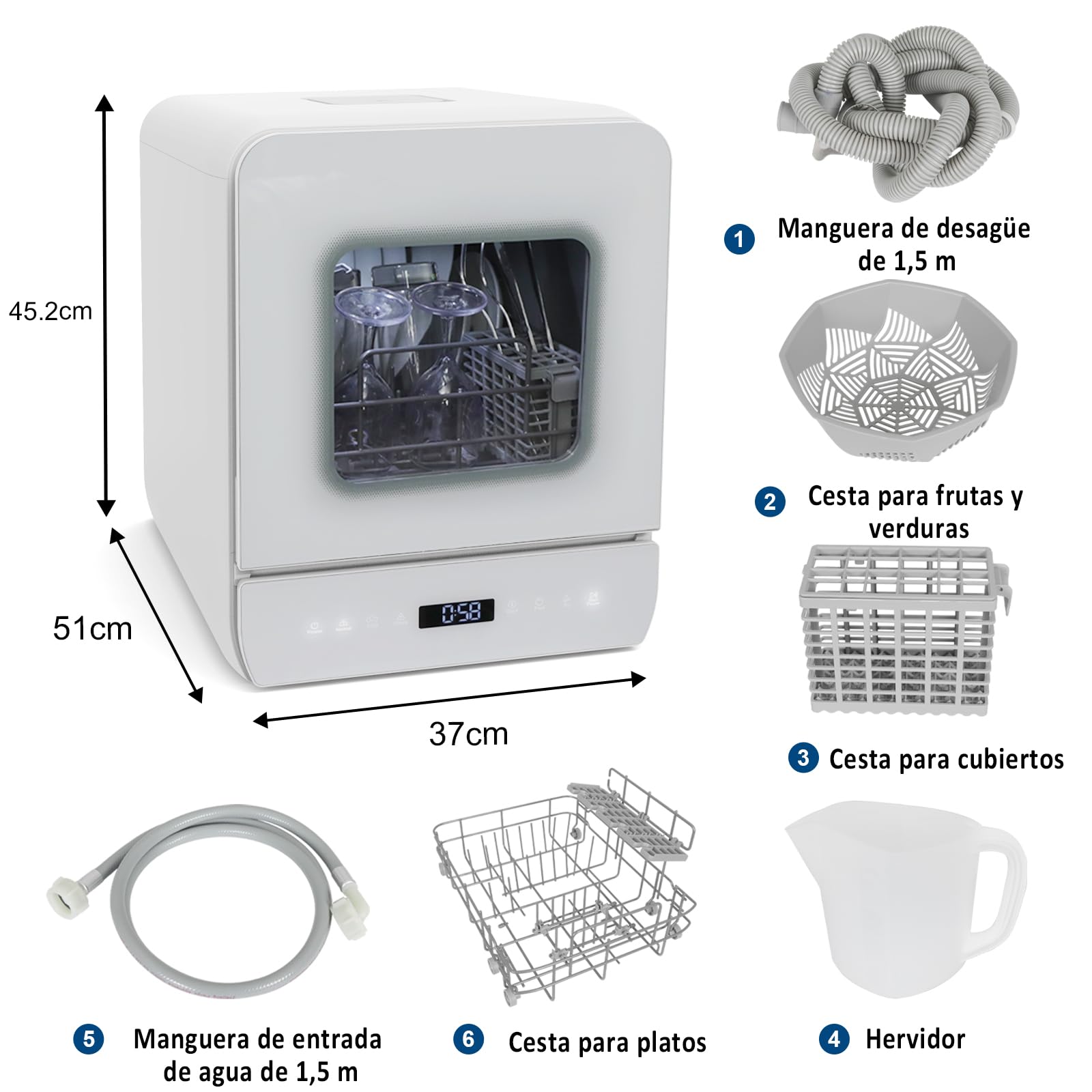 YU YUSING Lavavajillas de Encimera 45 cm 4.8 L con 7 Programas 5 Juegos, Mini Lavavajillas Pequeño con 2 Suministro Agua, Portátil, Control Táctil, Pantalla LED para Casa Oficina Camping, Blanco