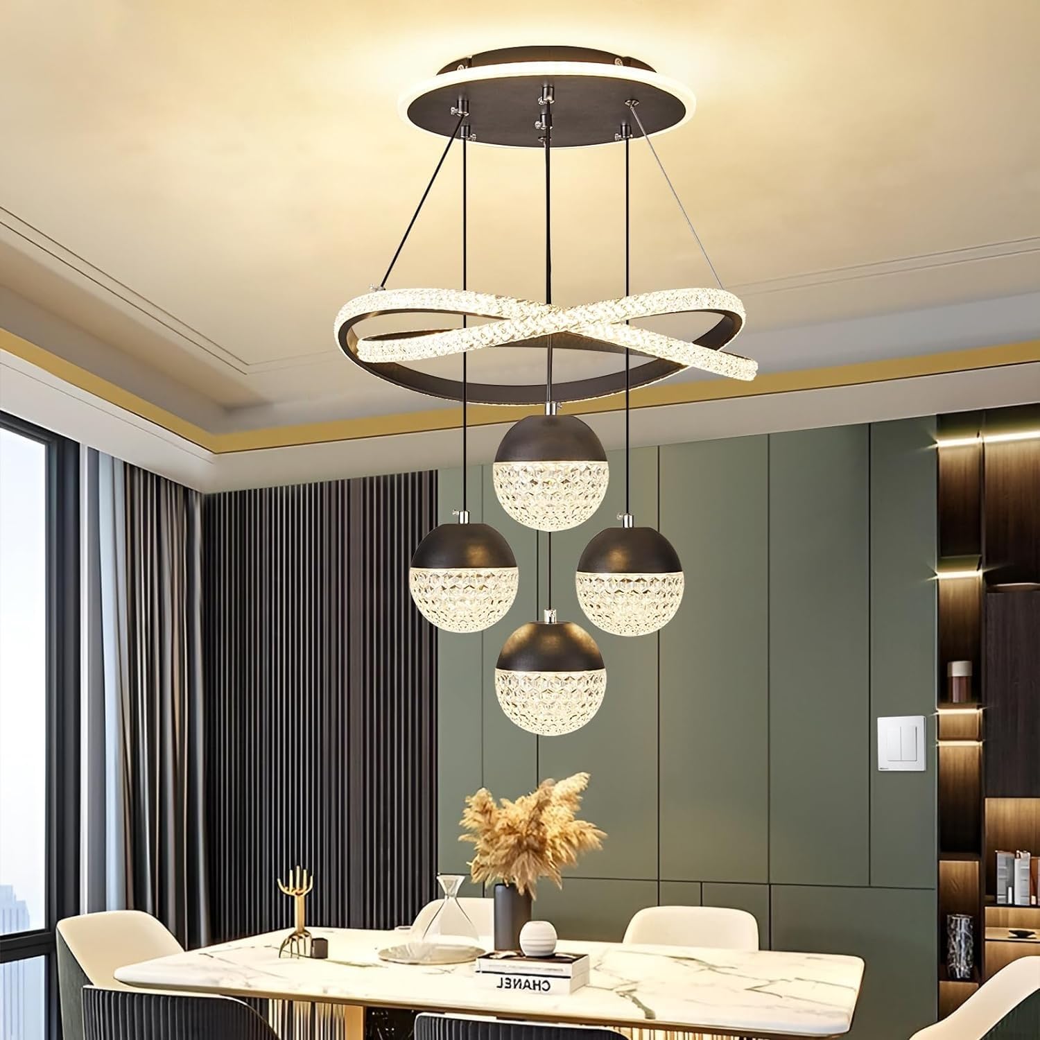 VTAMng Gold Acrylic Chandelier Ring Modern Led Crystal Kitchen Island Light Fixture Ceiling Hanging 3 ball Dimmable Ceiling Light Fixtures Led Pendant Lighting with Remote Control Study Office(Black,R