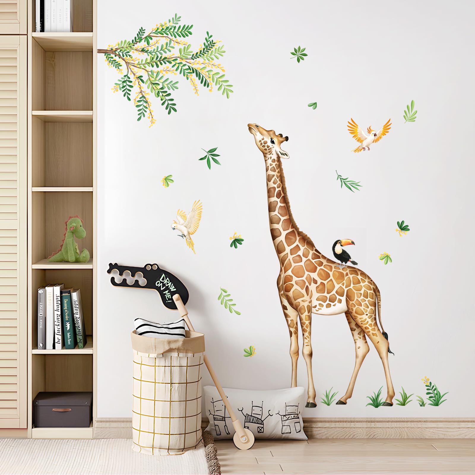 Tanlaby Girafe Stickers Muraux Autocollants Muraux Animal de Dessin Animé Stickers Muraux Animaux de la Jungle Décoration Murale Safari Feuilles Vertes pour Chambre de Bébé Enfant Salle de Jeux