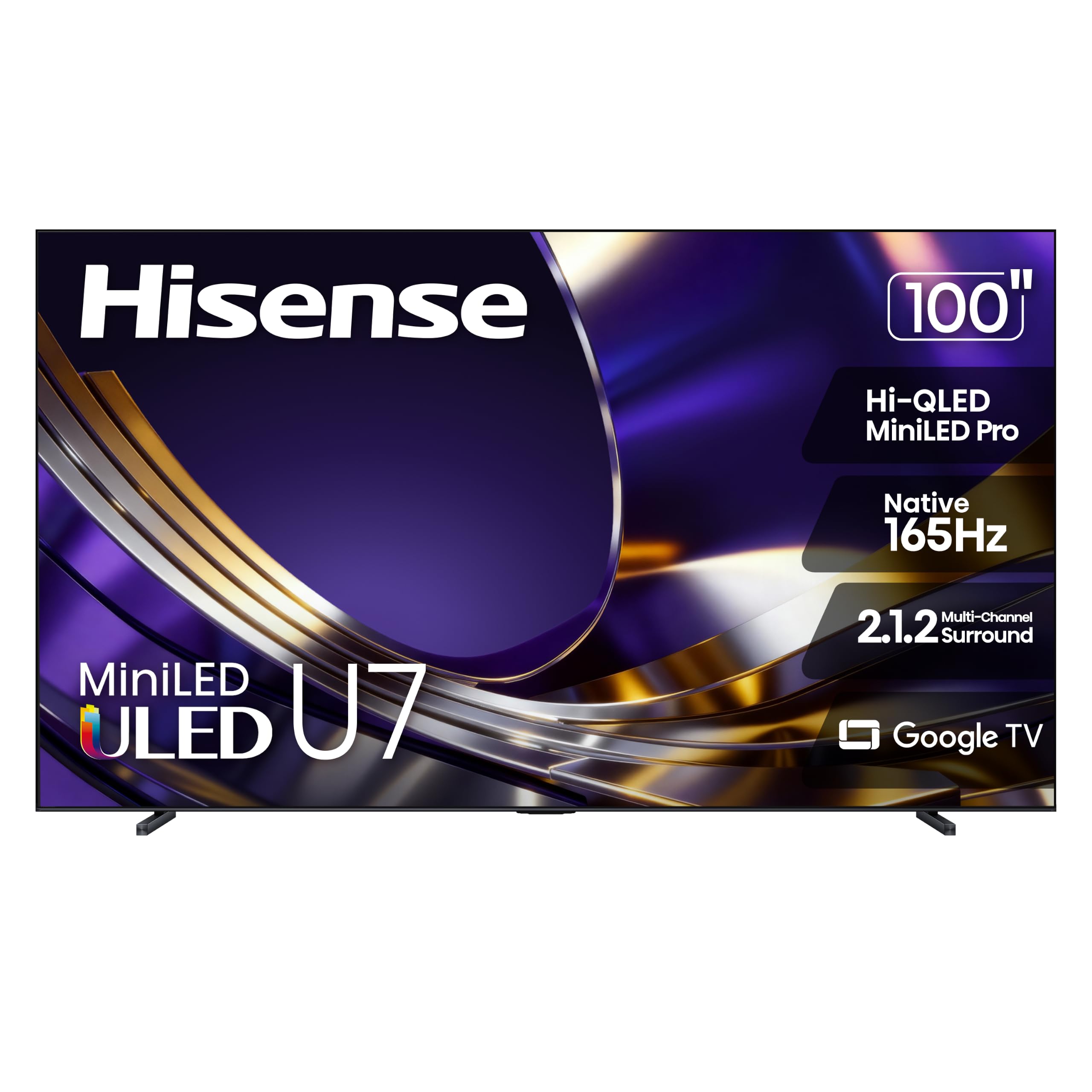 Hisense 100" U7 Mini-LED ULED 4K UHD Best Premium Gaming HDR Smart Google TV (100U7SG, 2026 New) - Hi-QLED, Native 165Hz, VRR 288, HDR10+, Dolby Vision IQ·Atmos, IMAX Enhanced, 2.1.2 Ch