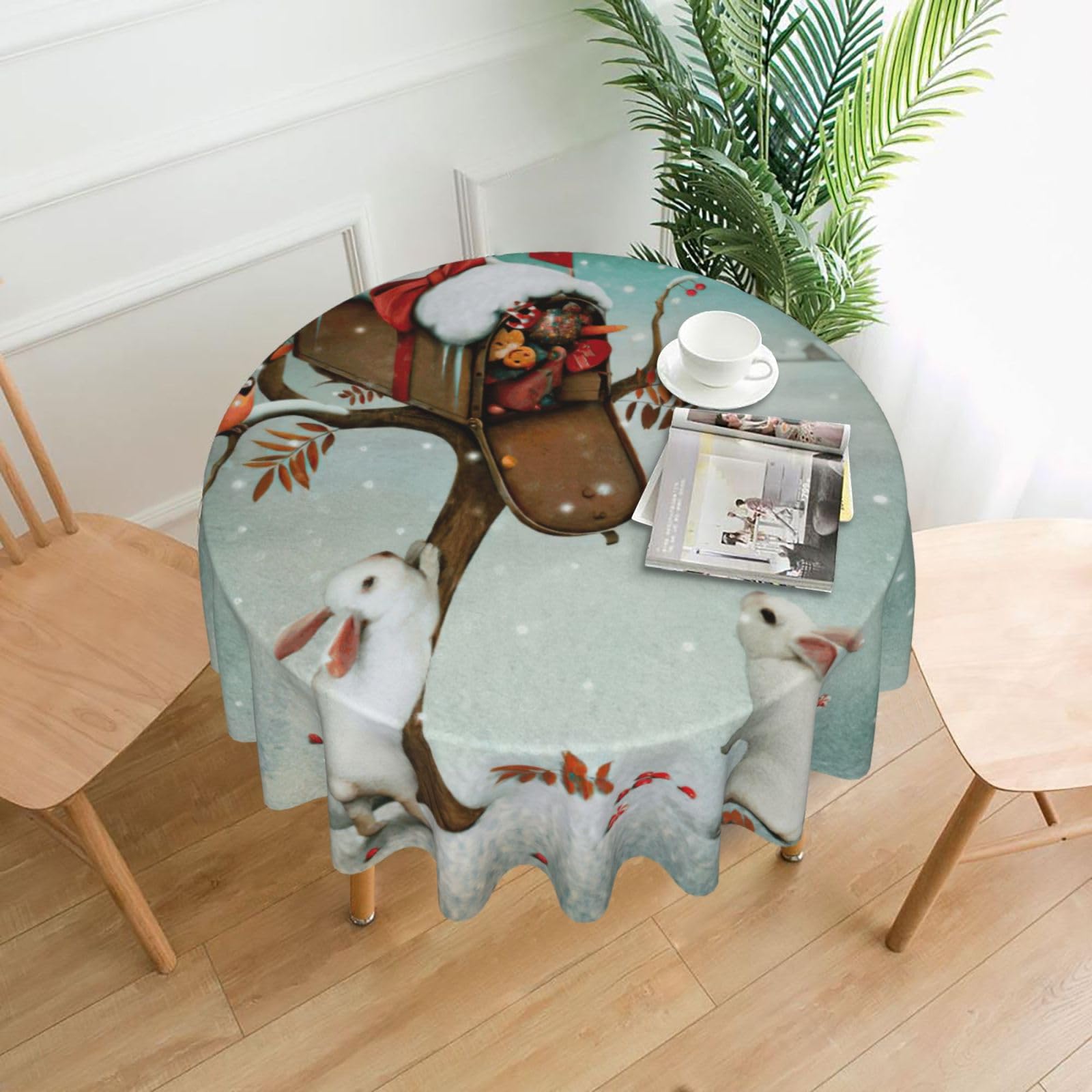 Uusnwaa Christmas Rabbit Bunny Print Round Tablecloth 60 Inch, Stain Wrinkle Resistant Washable Polyester Table Cover For Kitchen Party