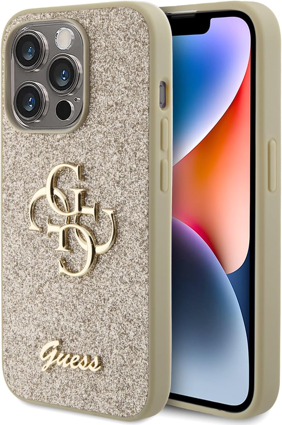 CG MOBILE Guess - Phone Case Compatible with iPhone 15 Pro PU CASE Fixed Glitter with Big 4G Metal Logo - Gold