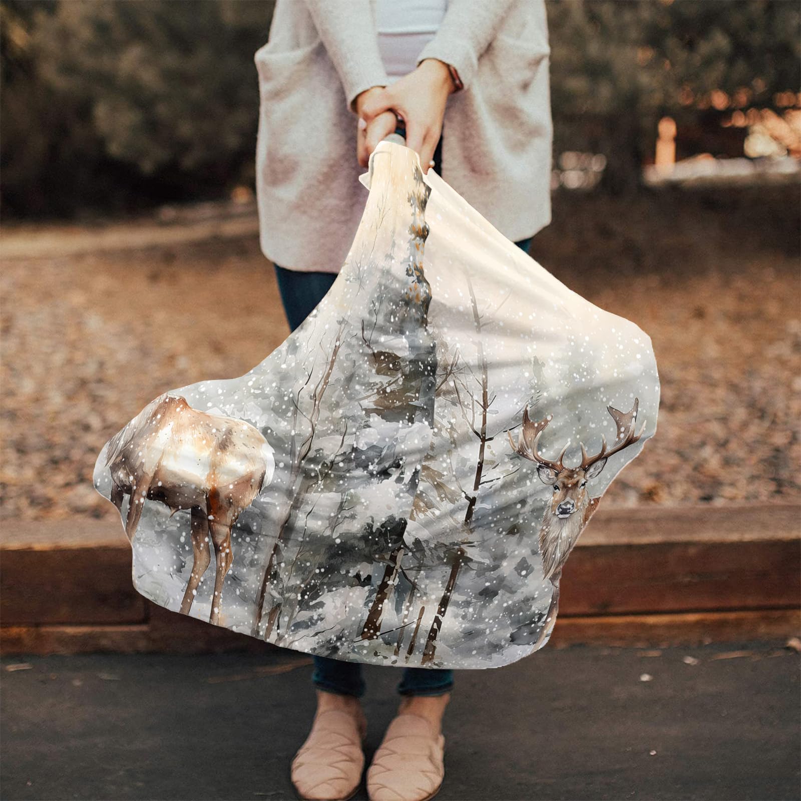 Nursing Cover for Breastfeeding Scarf, Merry Christmas Watercolor Deer Forest Baby Car Covers Super Soft Multi Use for Canopy Shopping Cart Cover Blanket Stroller Cover