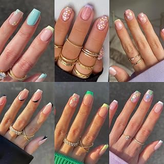 6 Packs Press on Nails Medium, 144Pcs French Tip Press on Nails with Flower Design Square,Fake Nails Kit Summer Collection 12Size,Stick on Nails for Women