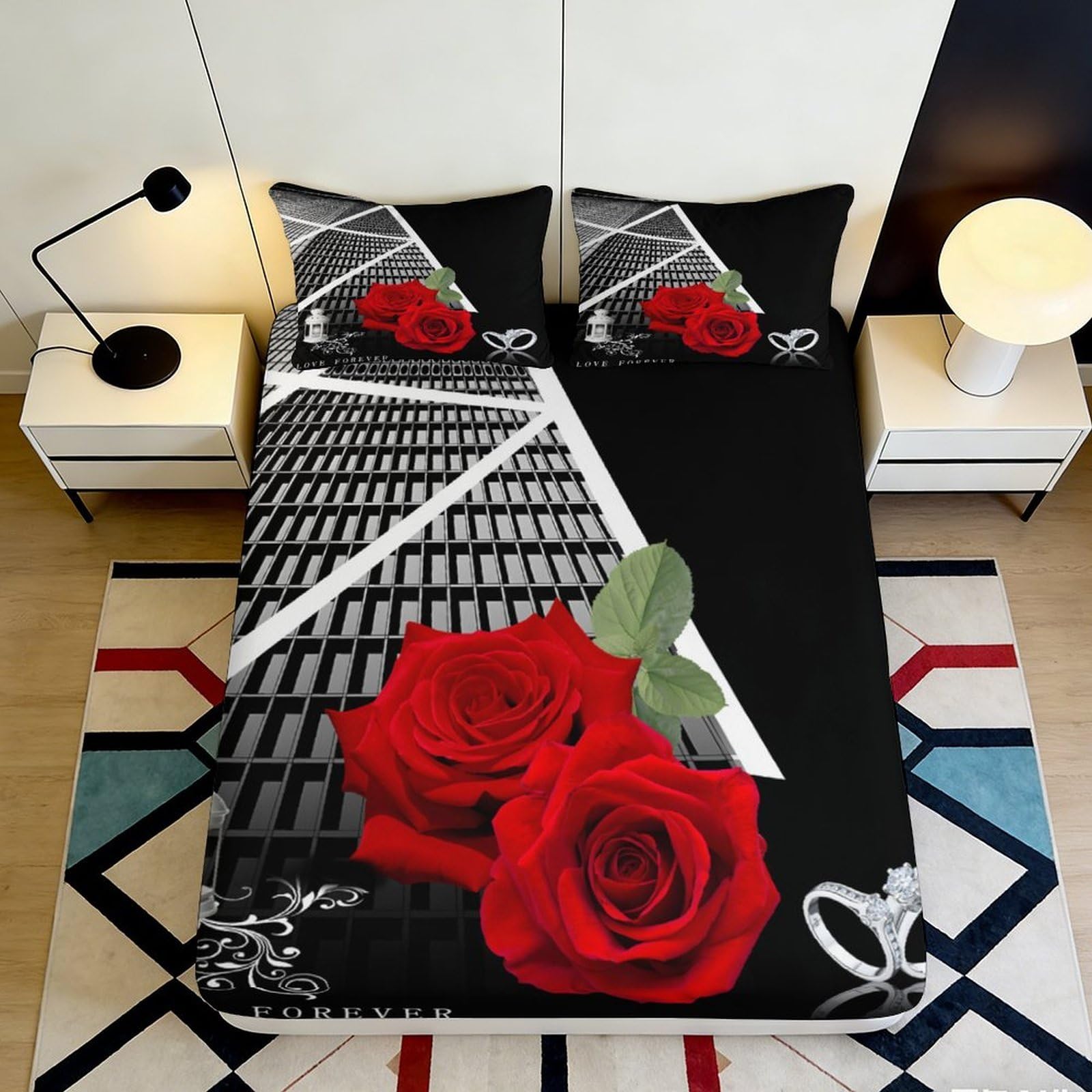 Uynsixtme Style-10 3D Printed Rose Architecture Fitted Sheet Microfiber Deep Pocket Rose Design Mattress Fitted Cover Bedroom Bedding 200X200x25cm