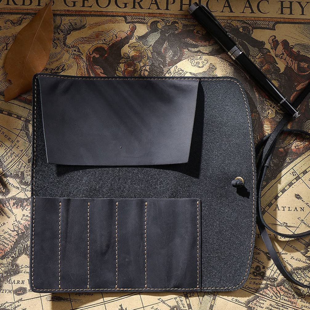Operitacx Estuche De Piel De Vaca Enrollable Estilo Retro Vintage para Bolígrafos Lápices Plumas Estilográficas Portalápices Bolsa para Lápices