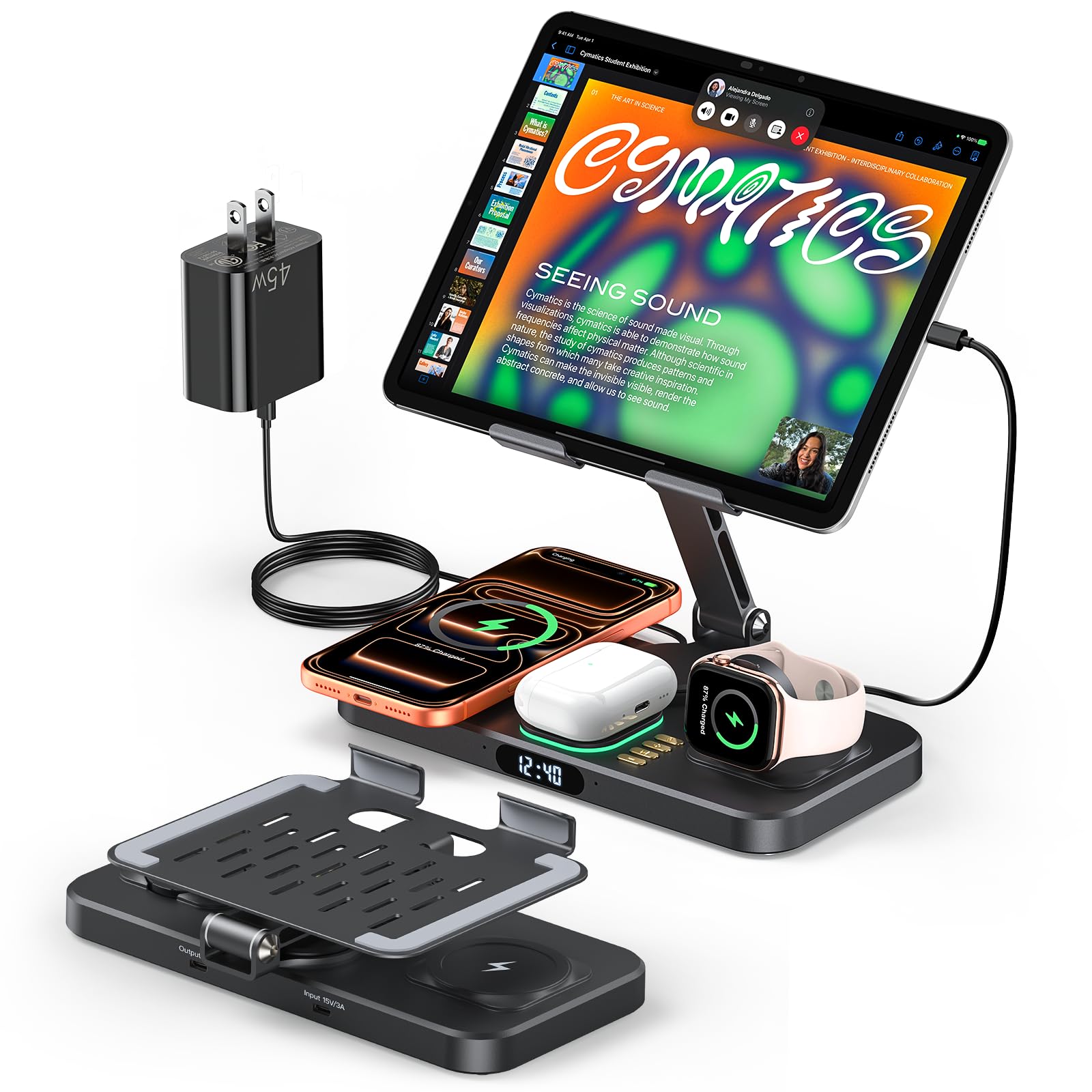 Magnetic Wireless Charging Station with 45W Adapter for Apple Devices 20W Fast Foldable Wired Charging Stand for iPad