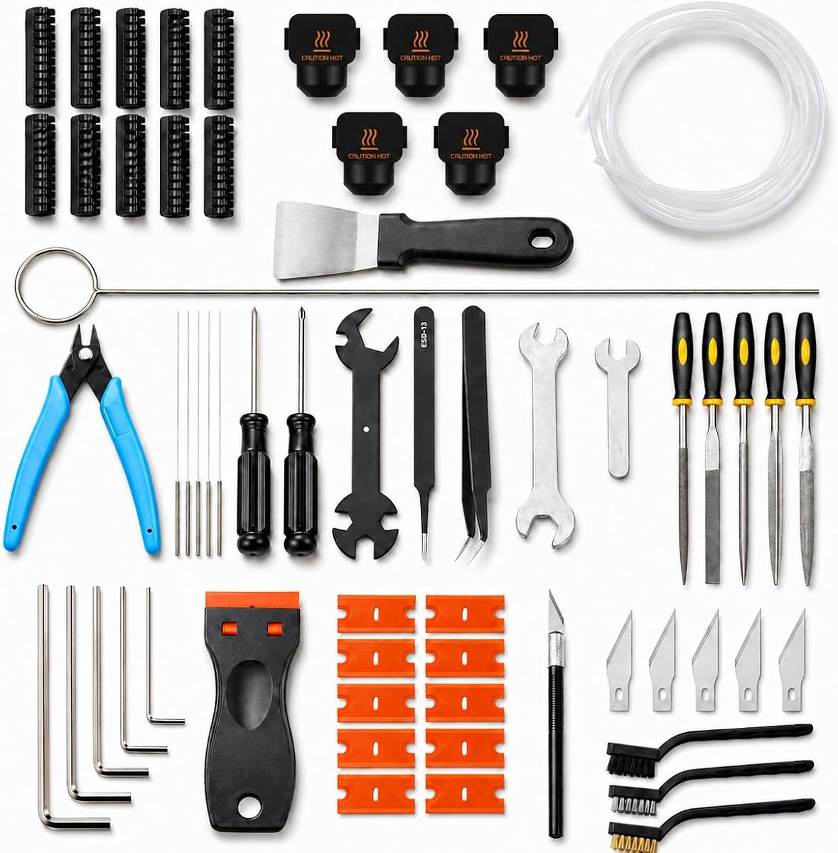 Kit de herramientas de mantenimiento de impresora 3D para Bambu Lab A1 Mini, A1 Mini Combo | Kit de limpiaparabrisas con calcetines de silicona, perforador de obstrucciones, tubo de PTFE, agujas de limpieza, raspadores, limas y llaves