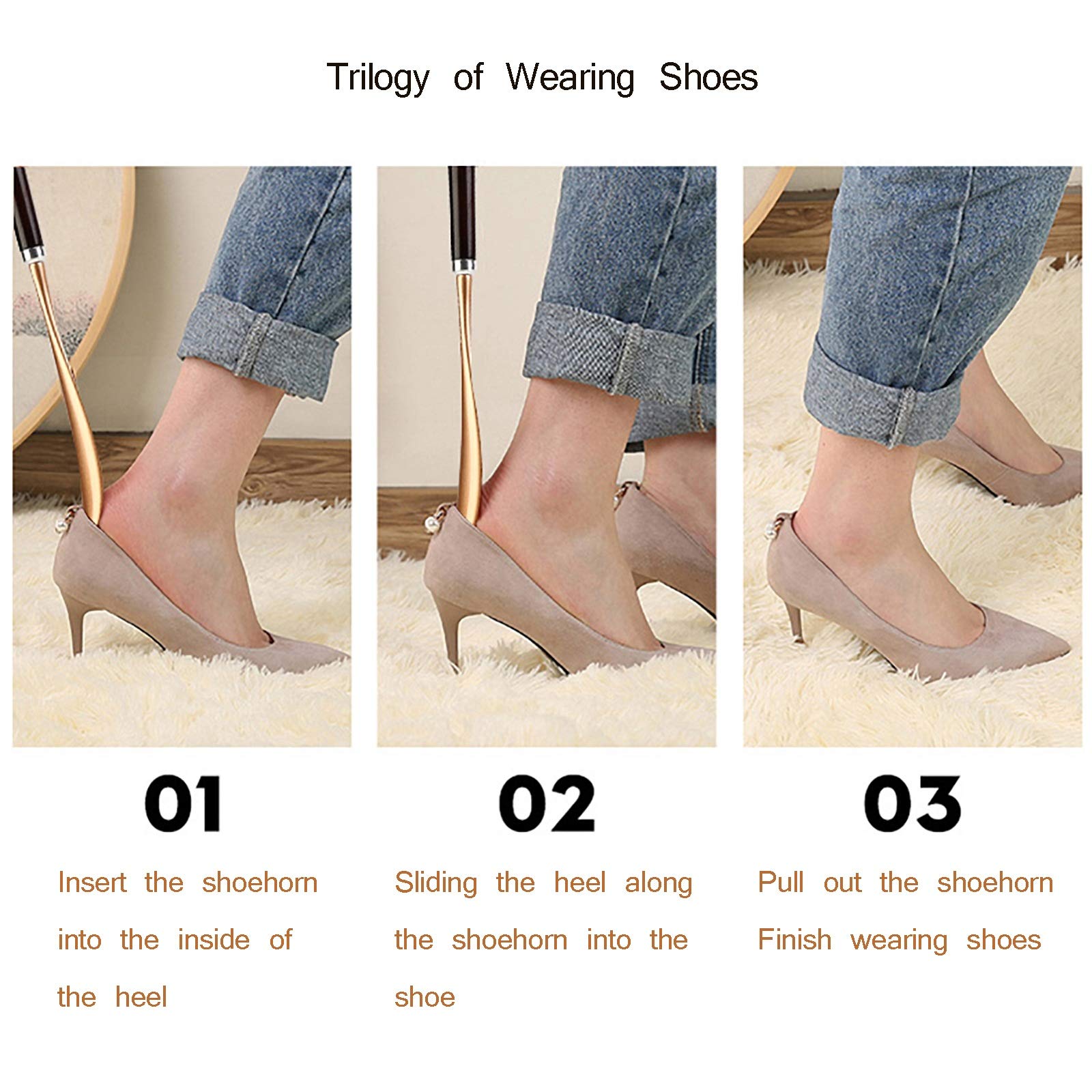 Schuhlöffel, Schuhlöffel aus Massivholz und Aluminiumlegierung mit langem Griff, fauler Schuhheber, geeignet für alle Arten von Schuhen (Farbe: Gold)(Gold)
