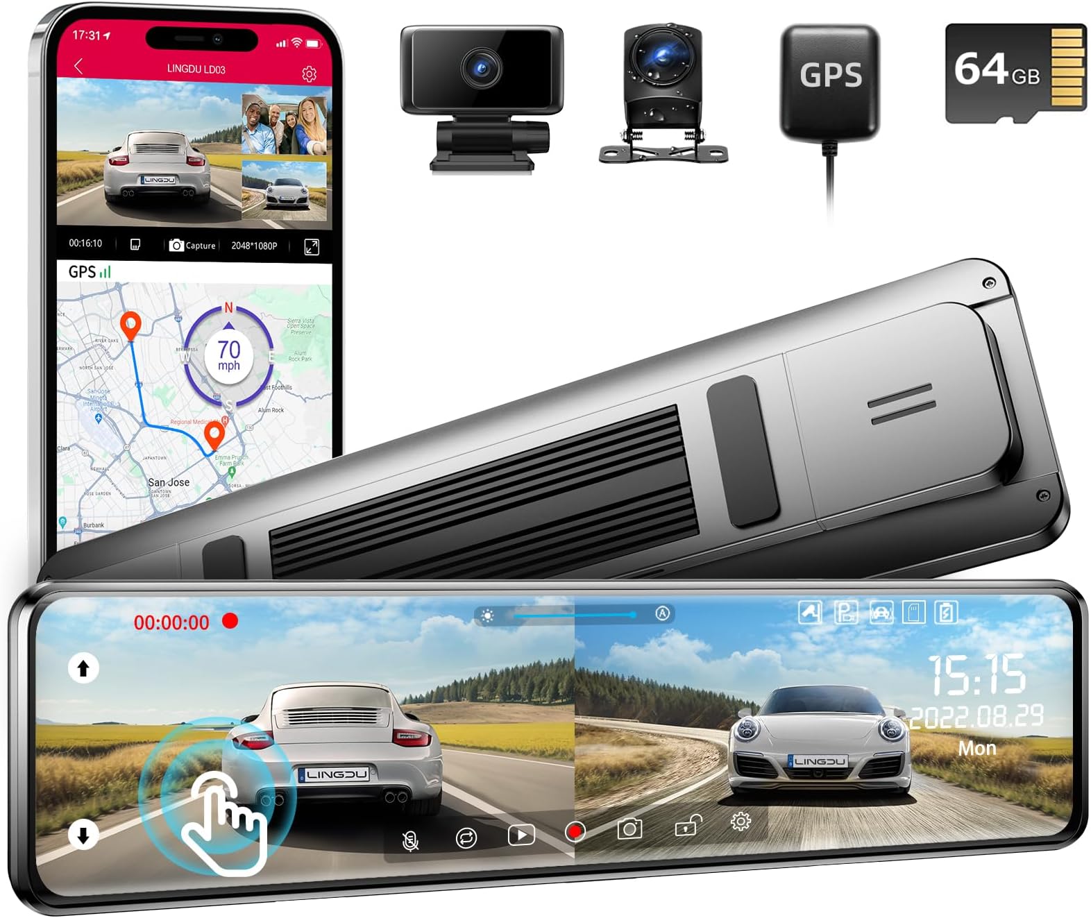 LINGDU LD03 12" Full Touch Screen Mirror Dash Cam with