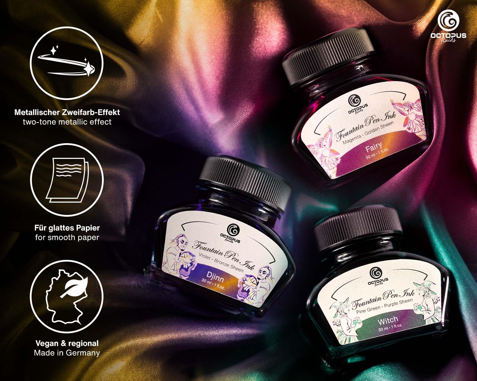 Octopus Fluids 3 x 30 ml tusz do piór wiecznych Sheen z konwerterem, zestaw Magic