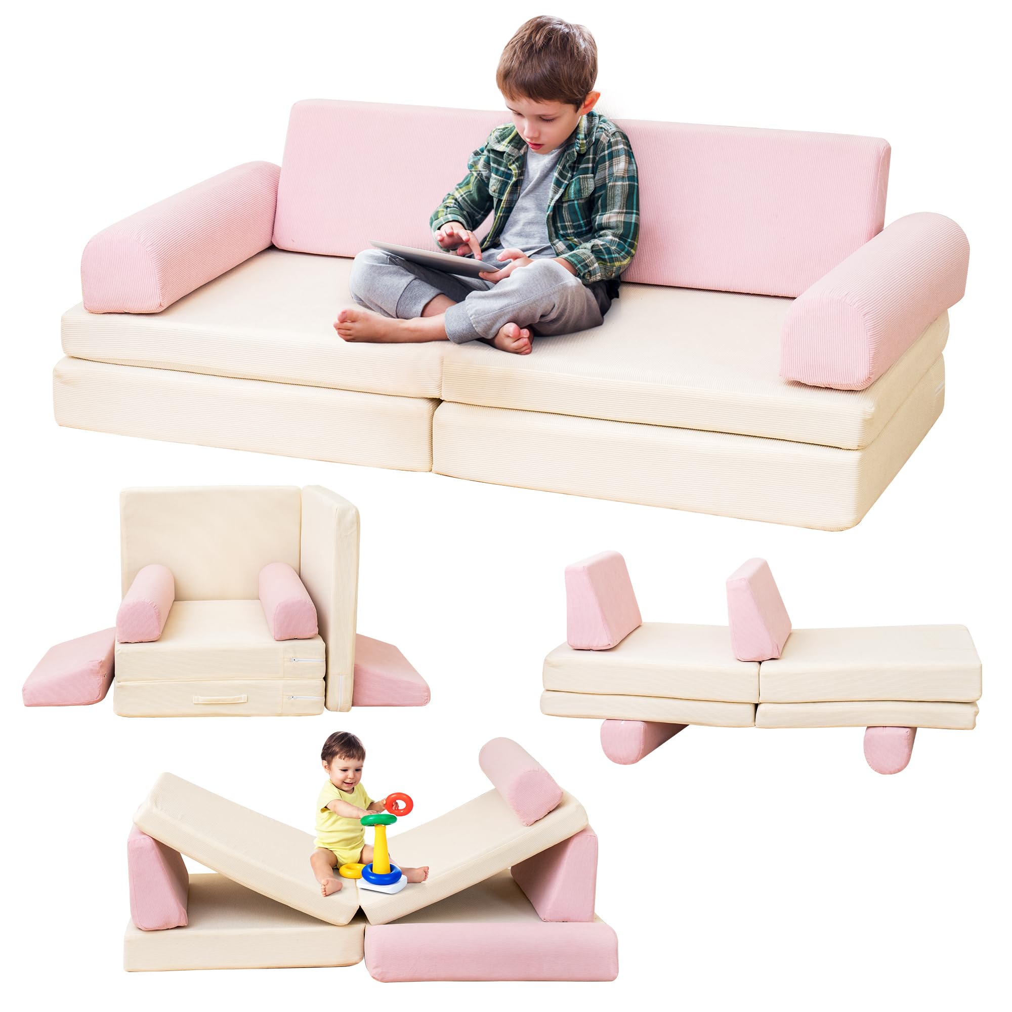 Lamerge Modular Kids Couch, Sectional Toddler Play Sofa for Playroom, Convertible Foam Sofa, Multi-Combination Playing Couch for Developing Imagination (Pink+Beige)