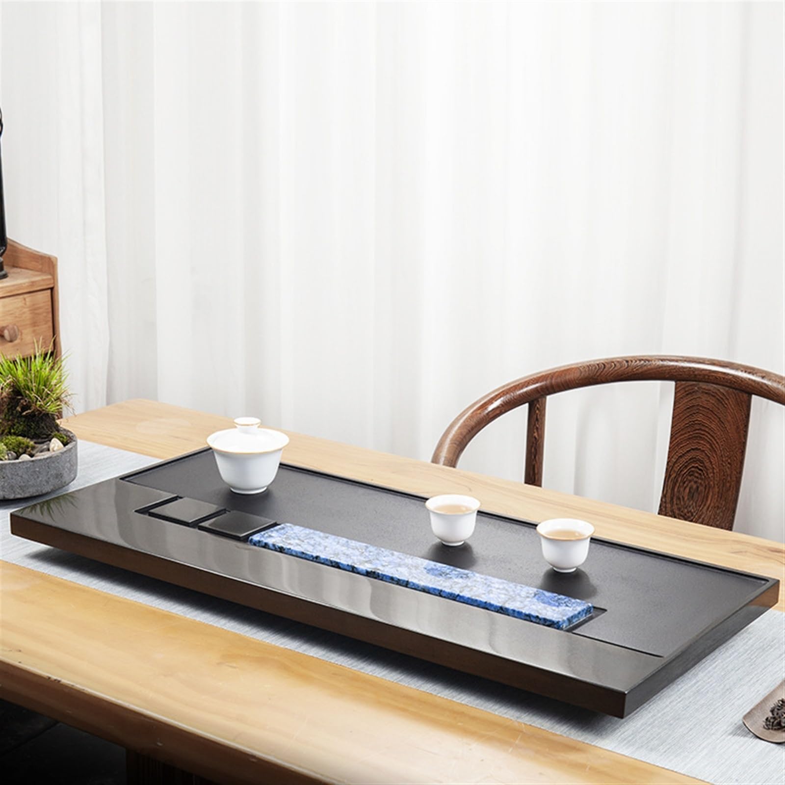 Plateau à thé de Table chinoise maison pierre incrustée d'ébonite entière naturelle Table à Thé pour la Maison Plateau à Thé(80x35x3cm)