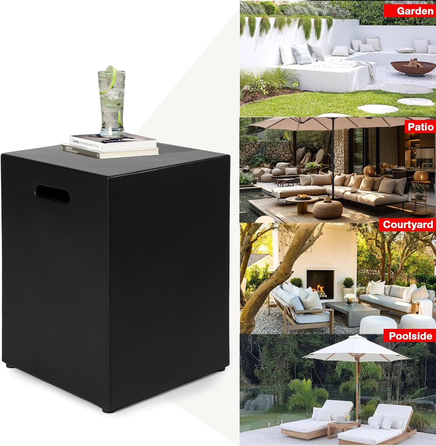 Propane Tank Cover Table, Modern Outdoor Gas Tank Covers, φ16 X 20inch Concrete Tank Storage Box Hideaway Table for Propane Gas Fire Pit and Rectangular Tank Holder with Handles (Black)