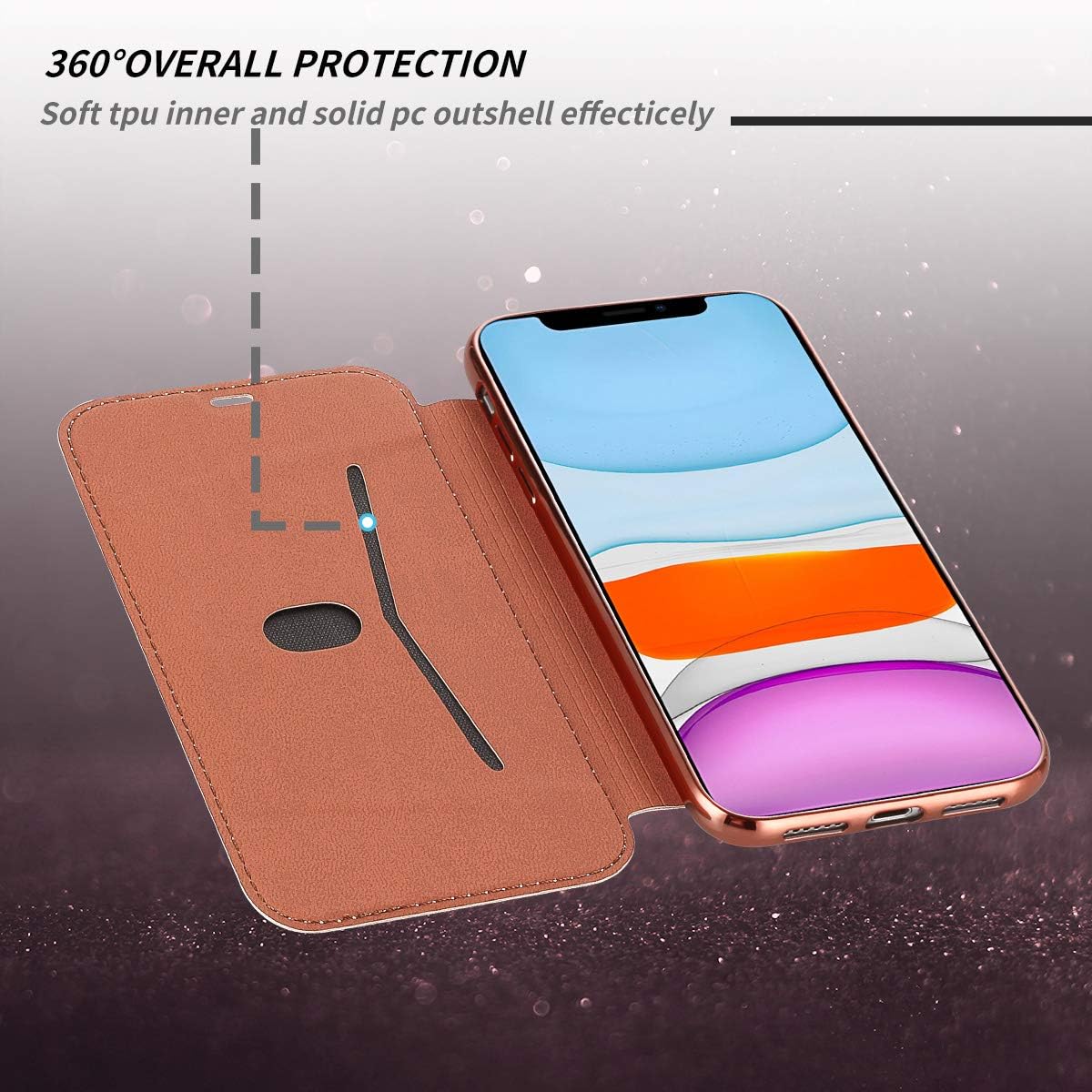 Petocase Compatible iPhone 11 Wallet Case, Ultra Thin Slim Folio Flip Case Premium Protective PU Leather Wallet Card Slot Clear Soft TPU Back Cover for Apple iPhone 11 Glitter Rose Gold
