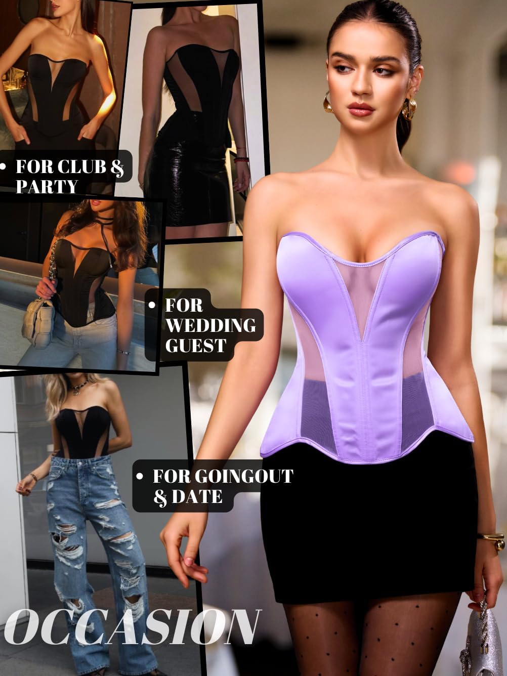 Kaei&Shi Deep V Strapless Corset Top,Overbust Lace Up Shapewear Bustier Tops For Women Going Out