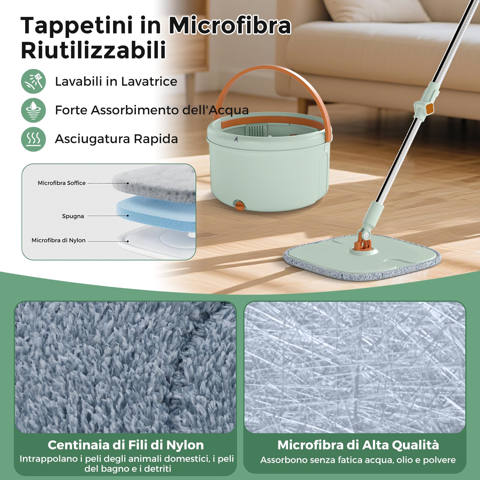 COSTWAY Set Mocio Lavapavimenti con Secchio, Mocio Piatto con Strizzatore e 2 Panni in Microfibra, Portatile per Pulizia Pavimenti Bagnati e Asciutti (Stile 1 Verde)