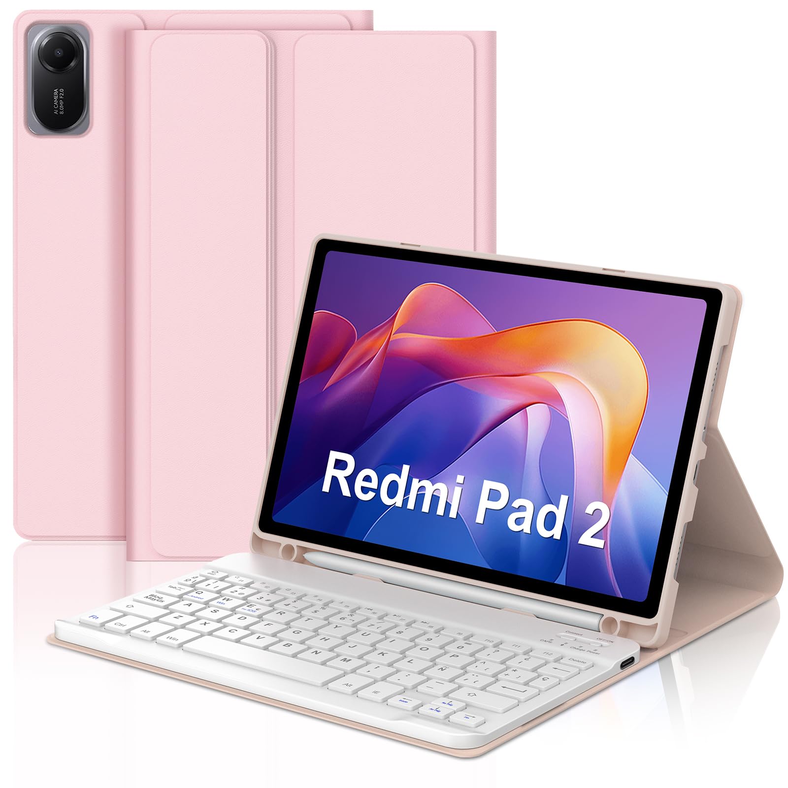 JADEMALL Funda con Teclado para Redmi Pad 2 11 Pulgadas, Español Ñ Teclado Bluetooth Inalámbrico Desmontable con Funda Delgada y Portalápices para Tableta Xiaomi Redmi Pad 2 11" 2025-Rosa