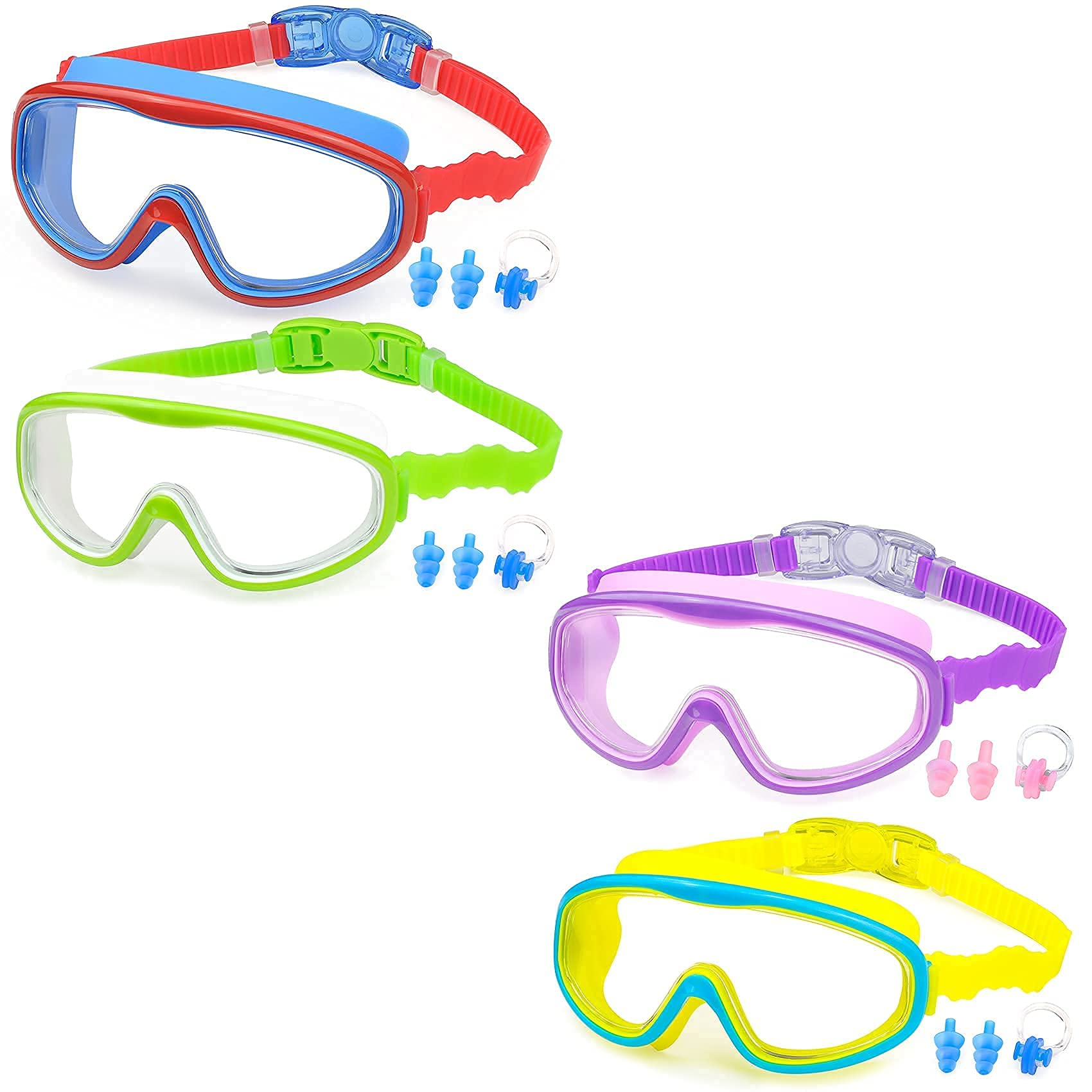 KAILIMENGSwimming Goggles for Kids - 4 Pack Kids Swim Goggles for Toddlers Youth Child Age 4 to 15, No Leaking, Large Frame, Clear & Wide View, Anti-Fog & UV Protection
