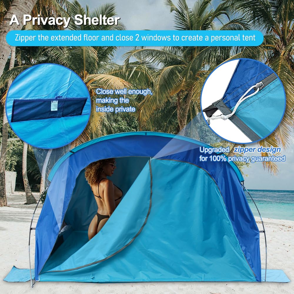 Tent Beach, HIKERBRO Portable Sun Shelter with Extended Floor, UPF 50+ Protection, 3/4 Persons Privacy Beach Shade Tents, Upgraded Zipper& Sandbags, 2 Mesh Windows, Easy Setup Beach Shades Canopy