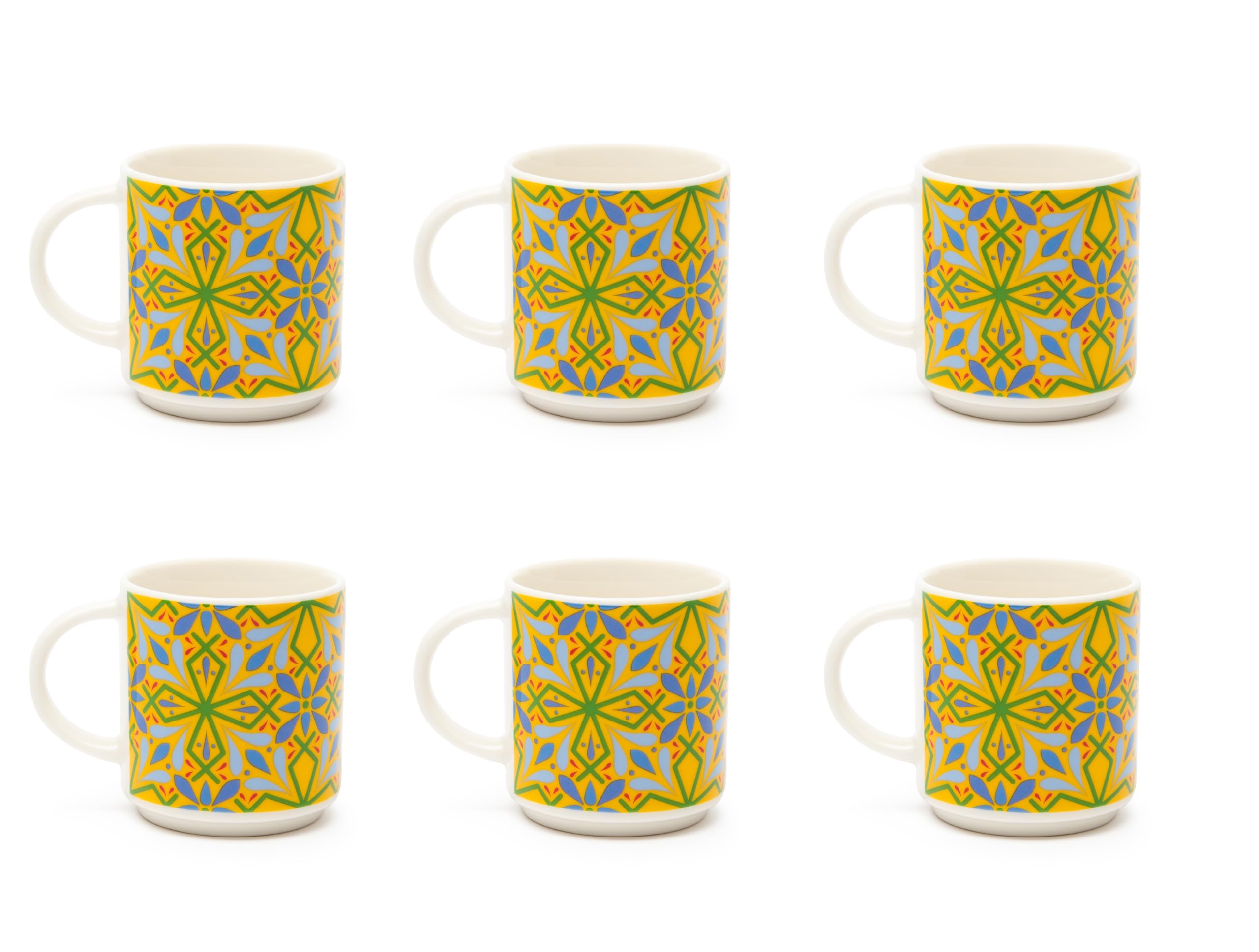 Excelsa Puebla Set 6 Tazze da Caffè in New Bone China, Decorazione Geometrica Giallo e Blu