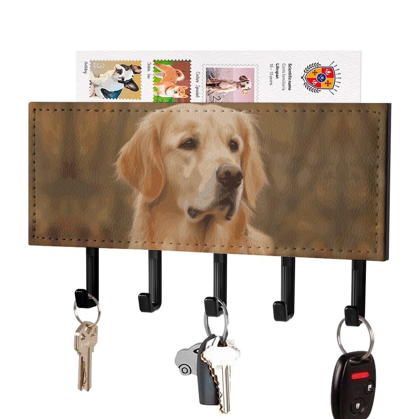 DWVTSLH Golden Retriever Key Holder for Wall, Decorative Key Hooks with Mail Organizer & 5 Hooks, Self Adhesive Leather Key Hanger for Entryway, Wall Mounted Key Rack (7.1” X 4.3” X 0.9”)