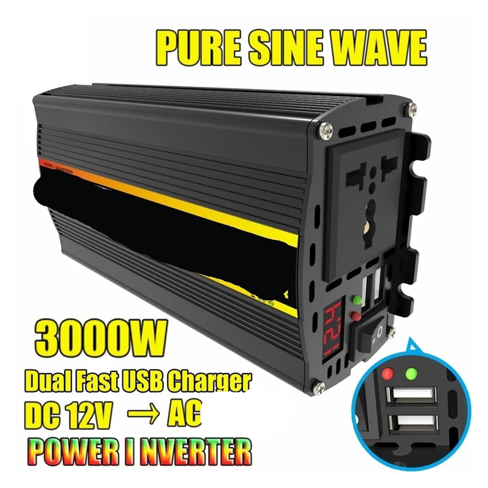 Falownik, 3000/4000/6000/8000 W Inteligentny falownik mocy Podwójny USB Pojazd Inteligentny falownik Czysta fala sinusoidalna DC do AC do samochodu Auto RV(8000W)