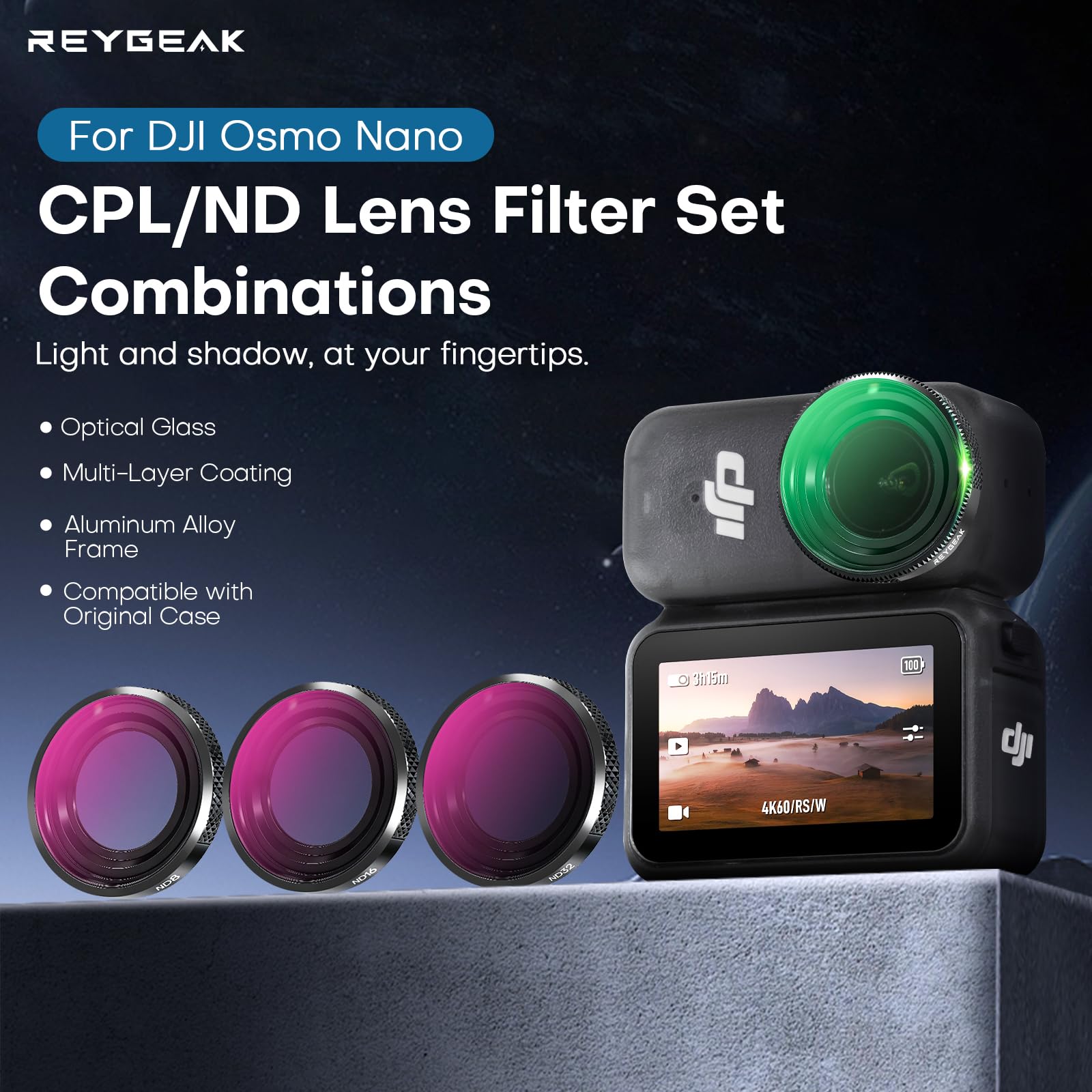 REYGEAK ND Filter Set für DJI Osmo Nano, CPL/ND8/16/32 für OSMO Nano, Aluminiumrahmen Multi-Coated HD Optical Glass (CPL/ND8/16/32)