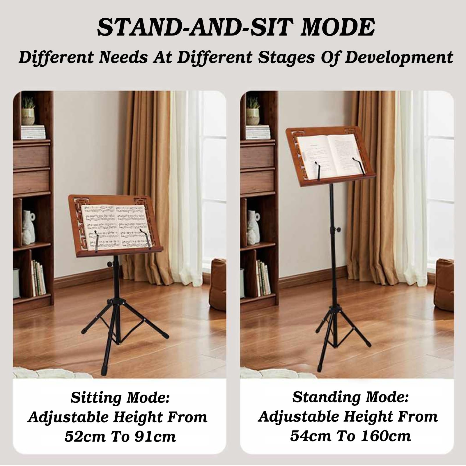 Leggio da terra con graffette, altezza regolabile (52-160 cm), treppiede regolabile a 180° per spartiti musicali o libri