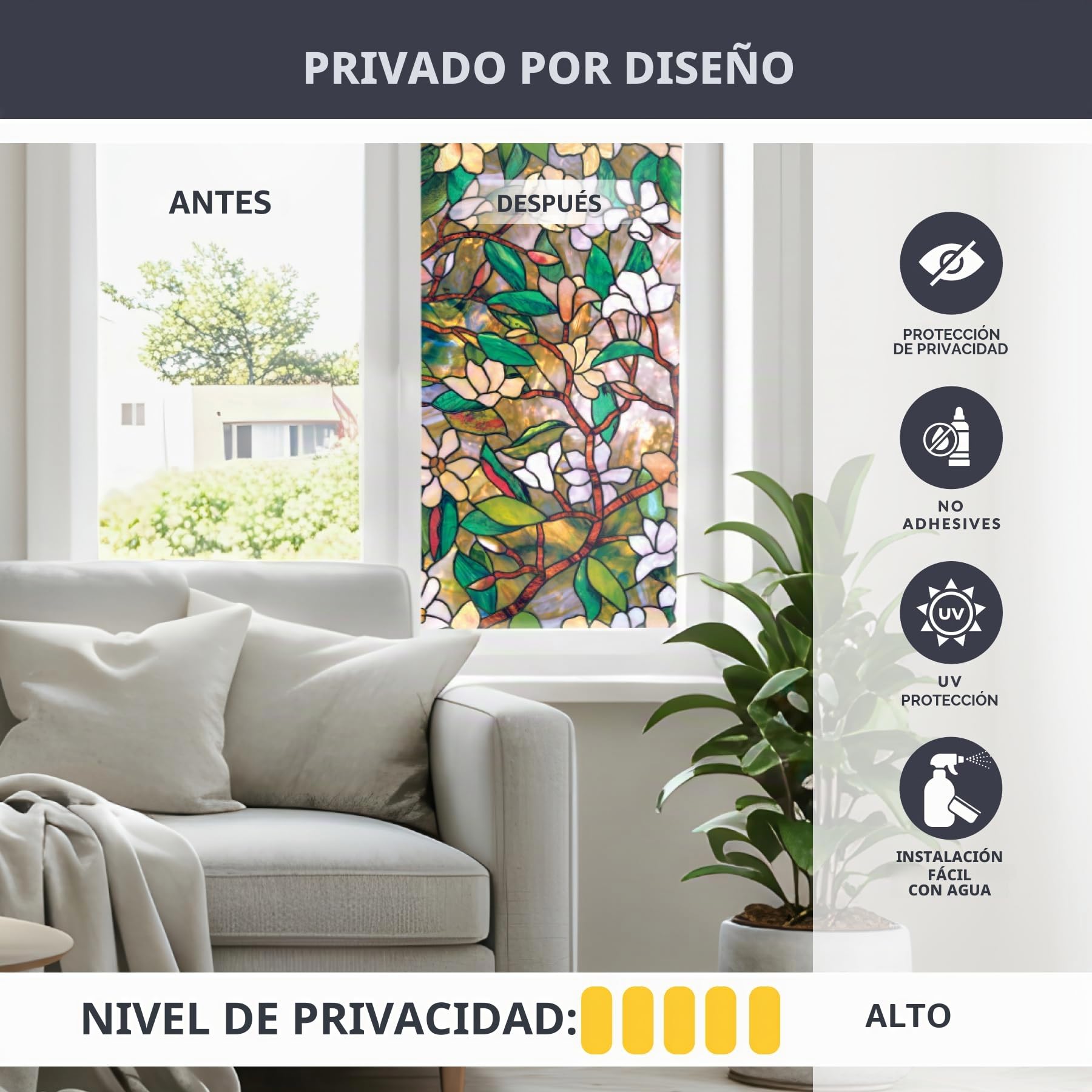 Artscape Magnolia | Película de privacidad para Ventana con patrón de vidrieras | no Adhesiva y protección UV | Fácil de aplicar y Quitar | 61 x 91 cm