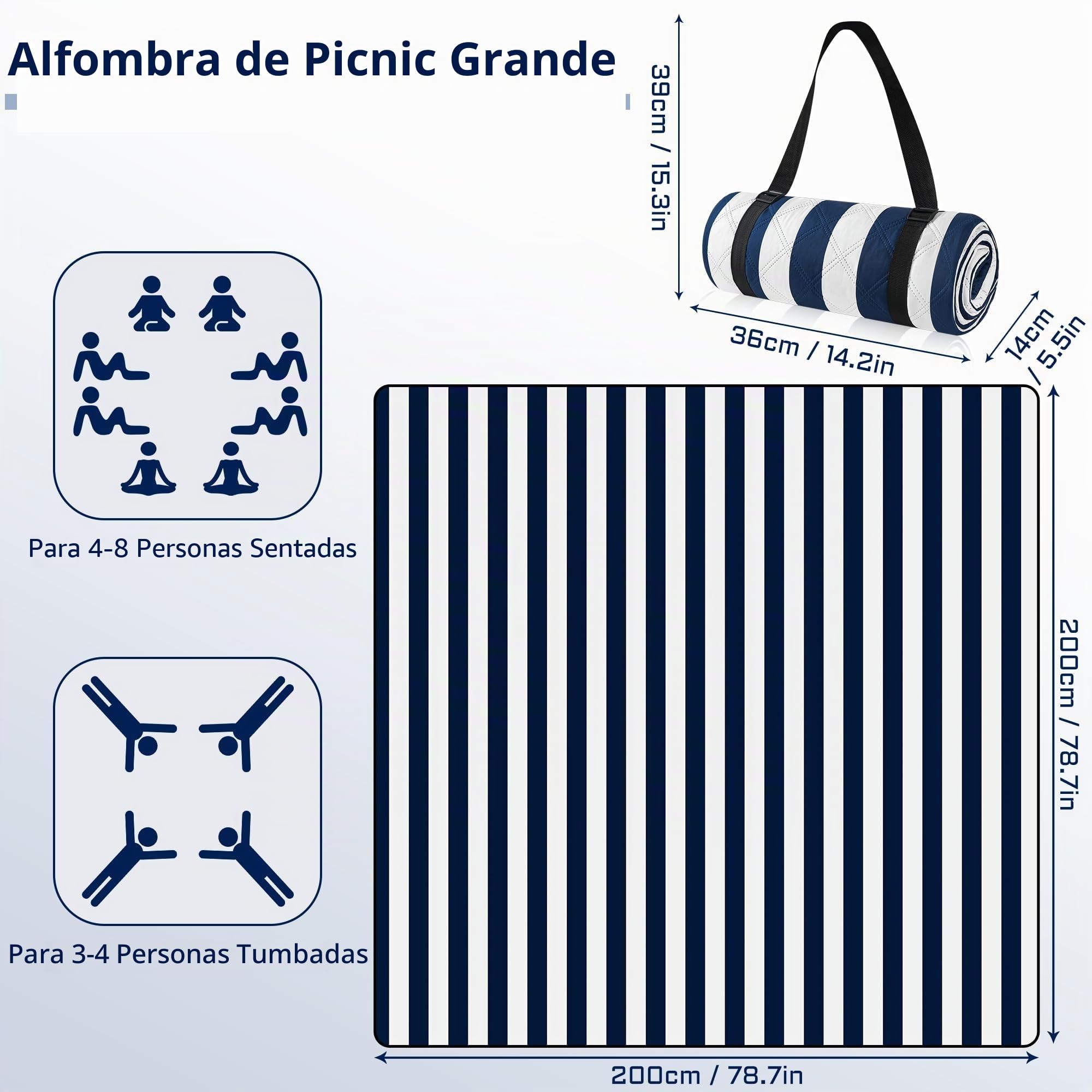 Manta de Picnic Impermeable 200 x 200cm, Manta Playa Sin Arena, Portátil Lavable Esterilla Playa Grande, Manta de Camping para Exteriores, Camping, Playa, Parque, Festival y Picnic