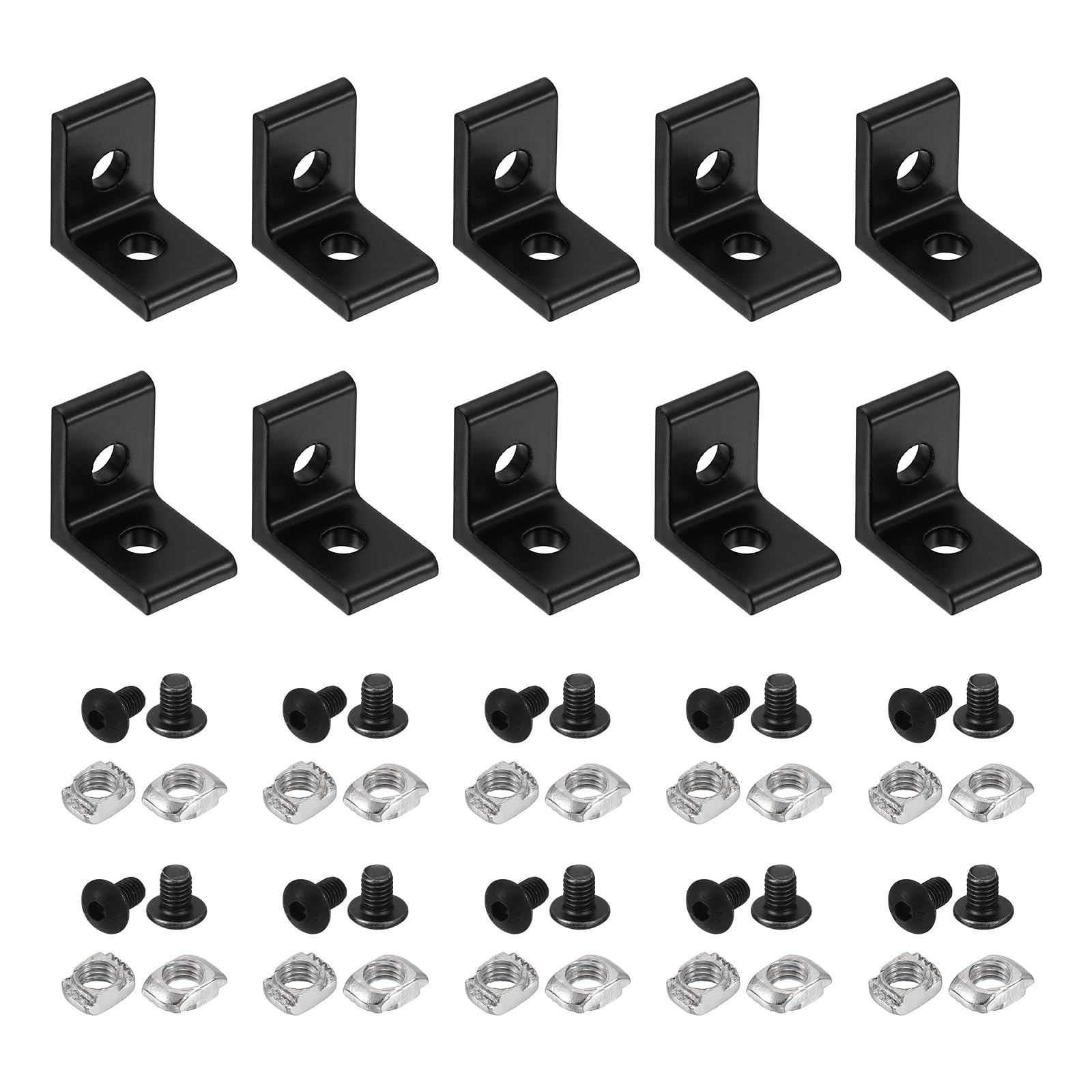 sourcing map 10Pcs 2 Hole Inside Corner Bracket, L Bracket Connector for 1515A Aluminum Extrusion Profile 6.2mm T-Slot with Nuts Screws for Furniture, Framing Structures, Black