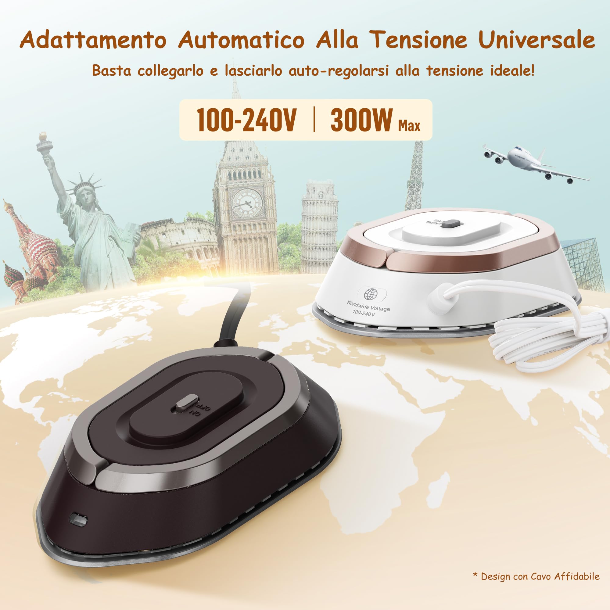 Newbealer Ferro da Stiro da Viaggio, Ferro da Viaggio Mini Portatile Leggera Compatto senza Vapore, Stirare i Vestiti, Tensione Universale 100-240V, Marrone