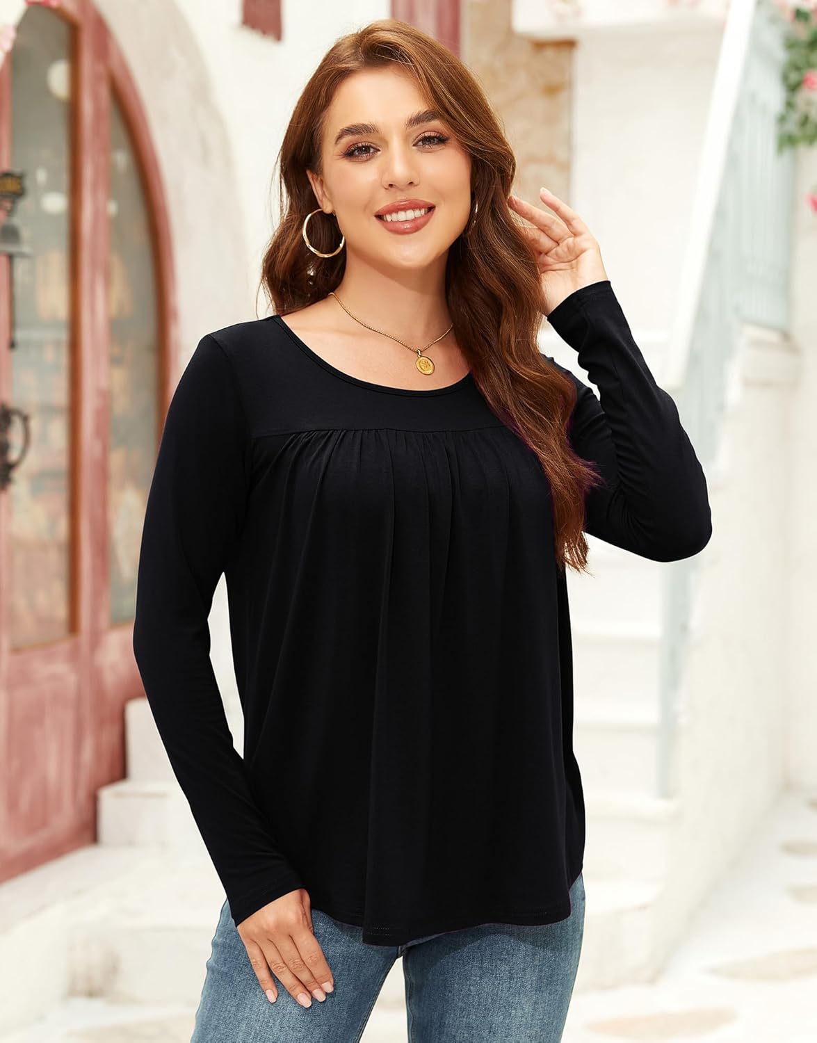 AUHEGN Long Sleeve Shirts for Women Pleated Tunic Tops Casual Crew Neck Loose Fit Fall Tops Blouse Outfits for Legging - Image 2