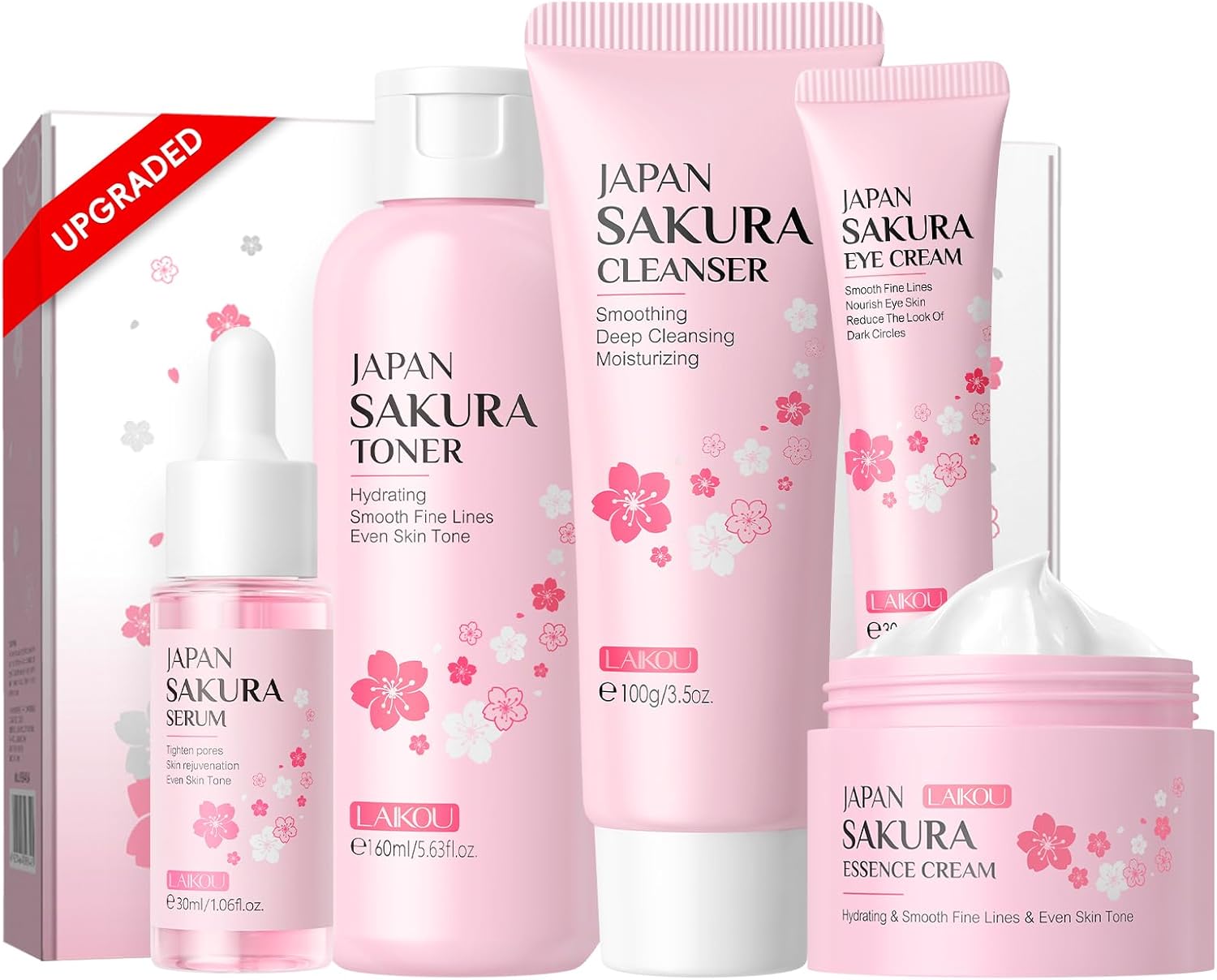 LAIKOU Skincare Set, JAPAN SAKURA Skin Care Sets & Kits Gift Set for Teenagers Girls/Women, 5 Step Daily Routine-Cleanser, Toner, Face Serum, Eye Cream & Moisturise for Plump/Smooth, 60 Day Suppply