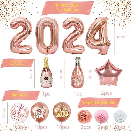 Miniatura 4 de Decoraciones de Año Nuevo 2024, globos de Año Nuevo de oro rosa 2024, globos de confeti de oro rosa, globos de aluminio, pompones de papel y
