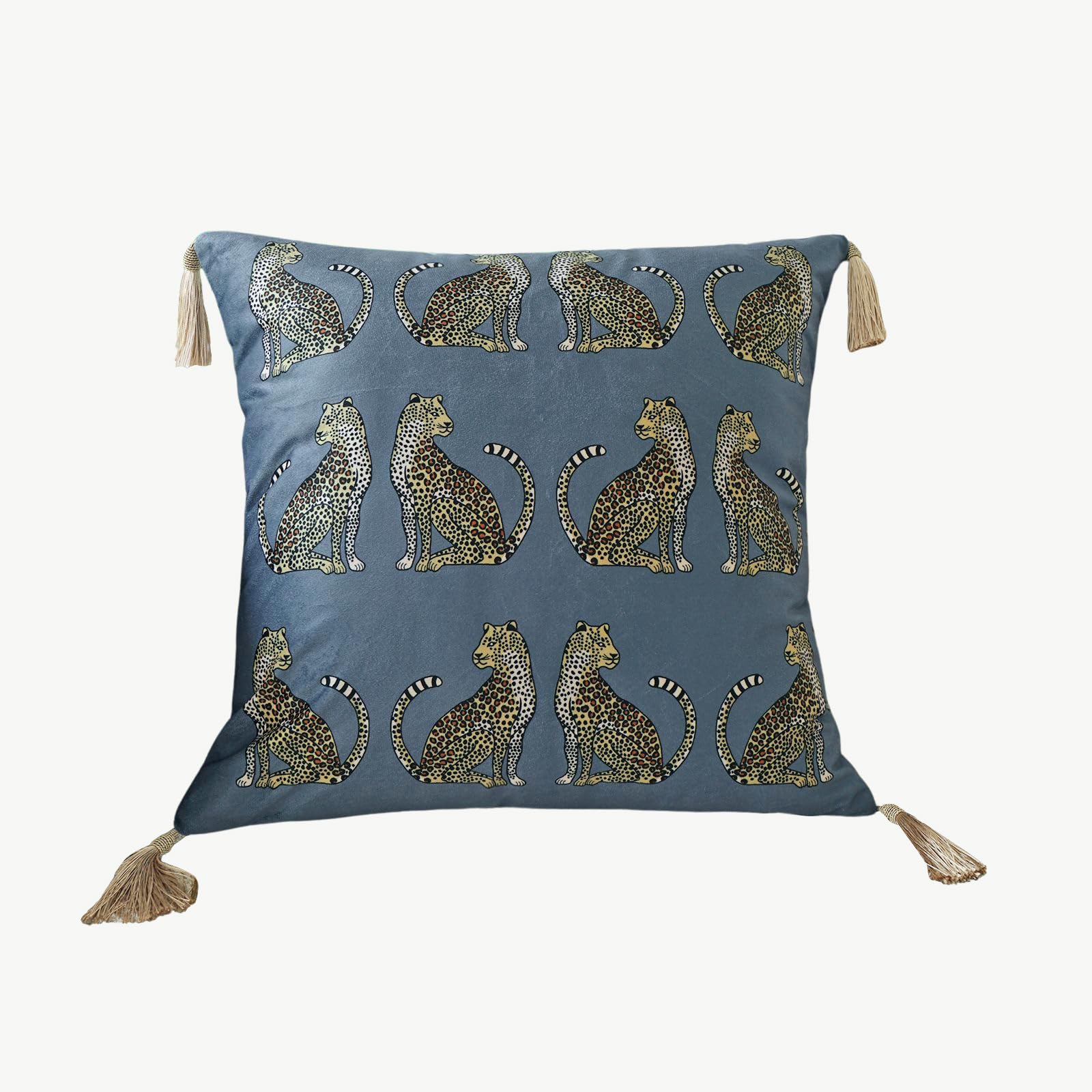 XSlive Square Decorative Throw Pillow Cover with Tassels Leopard Pattern Cushion Cover Luxury Style Soft Velvet Pillowcase for Sofa Couch Bedroom (18"x18",Grey)
